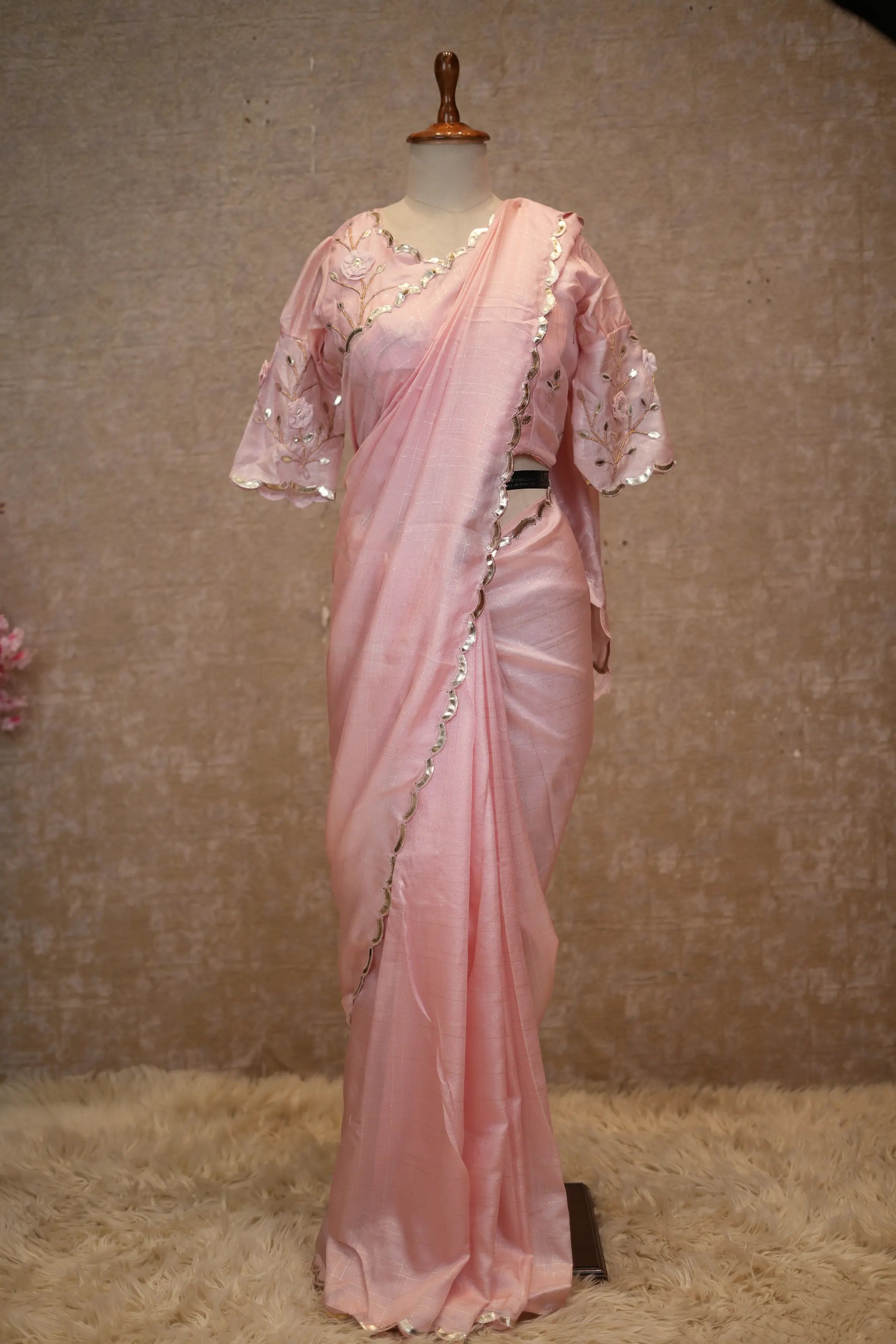 Elegant Designer Saree Co-Ord Set with Embroidered Blouse & Scalloped Border