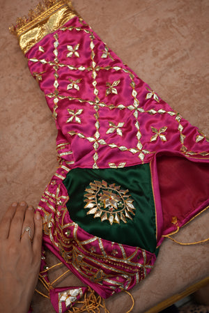 SATIN FABRIC AANGI HANDWORL BLOUSES WITH KACHI GOTA PATTI WORK JAAL (RANI PINK WITH GREEN)  ##HB030