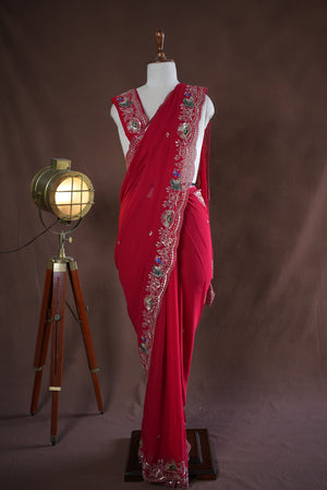 KARWA CHOUTH SPECIAL RED COLOUR SAREE WITH AARI TARI & CUTWORK BORDER (WITH BLOUSE)    ##SR0395