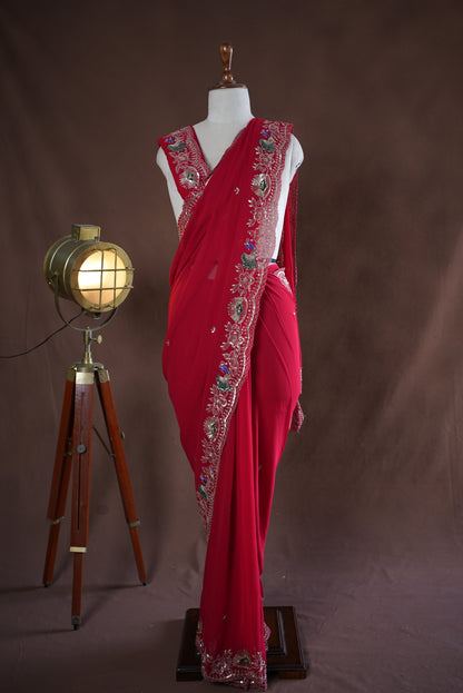 KARWA CHOUTH SPECIAL RED COLOUR SAREE WITH AARI TARI & CUTWORK BORDER (WITH BLOUSE)    ##SR0395