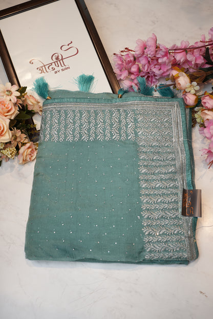 crystal fabric saree with pittan border jerkan work ##SR083