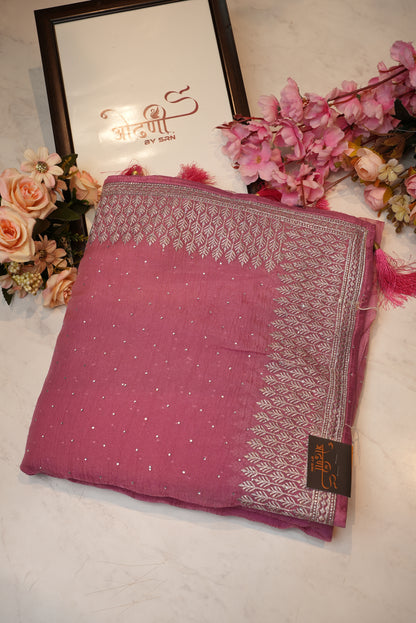 crystal fabric saree with pittan border jerkan work ##SR083