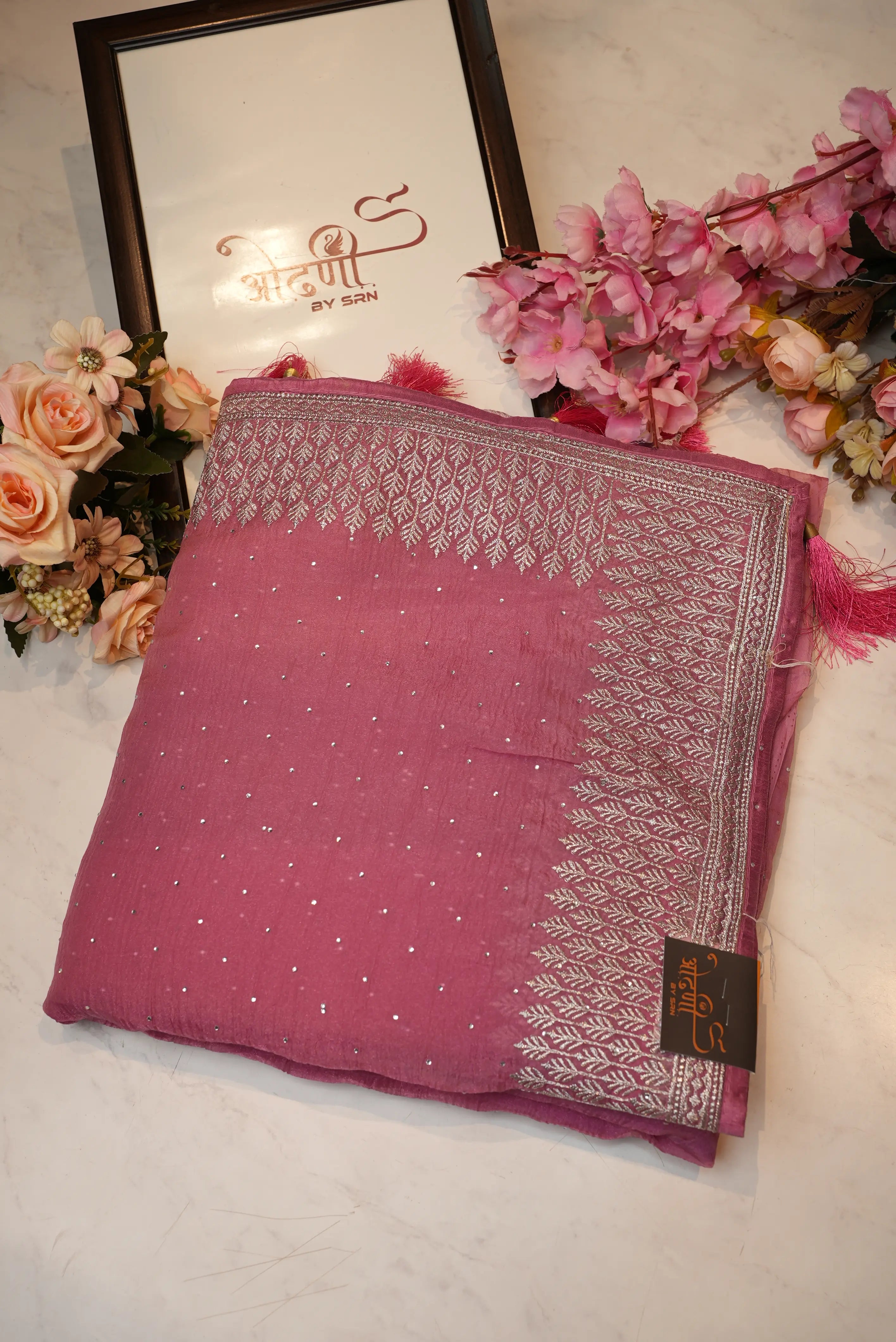 Crystal Fabric Saree with Pittan Border & Jarkan Work