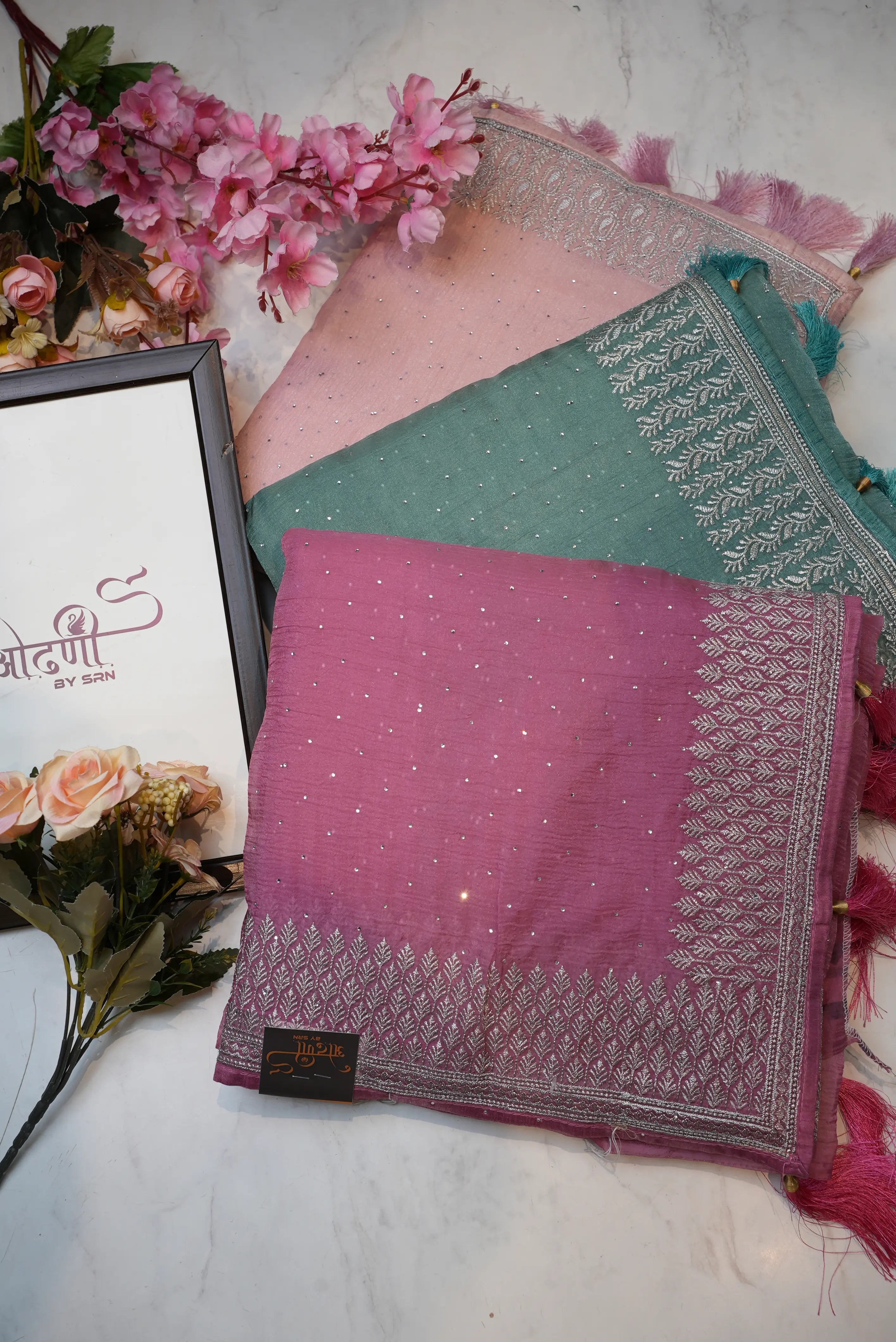 Crystal Fabric Saree with Pittan Border & Jarkan Work