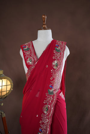 KARWA CHOUTH SPECIAL RED COLOUR SAREE WITH AARI TARI & CUTWORK BORDER (WITH BLOUSE)    ##SR0395
