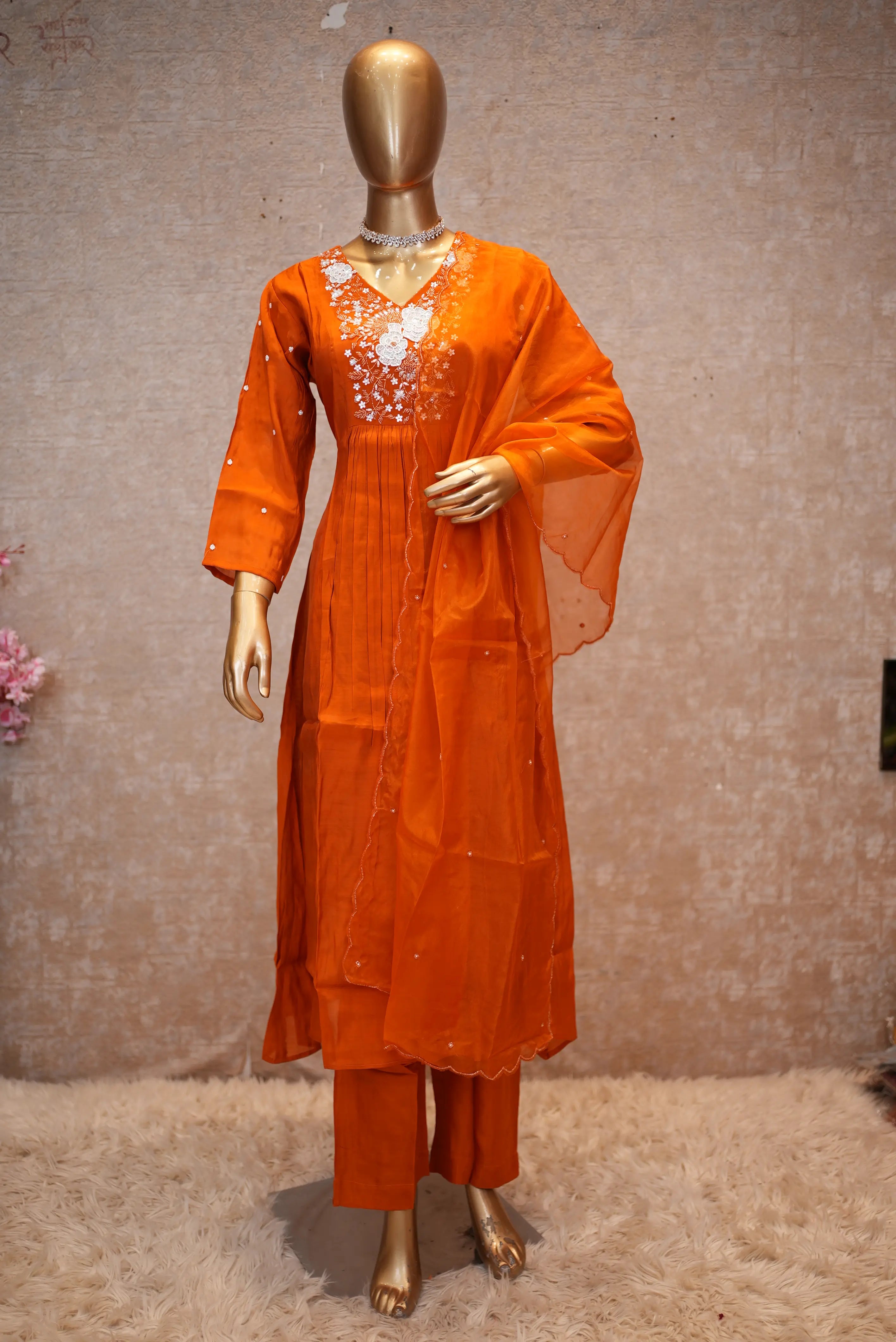 Elegant Orange Embroidered Kurta Set with Dupatta