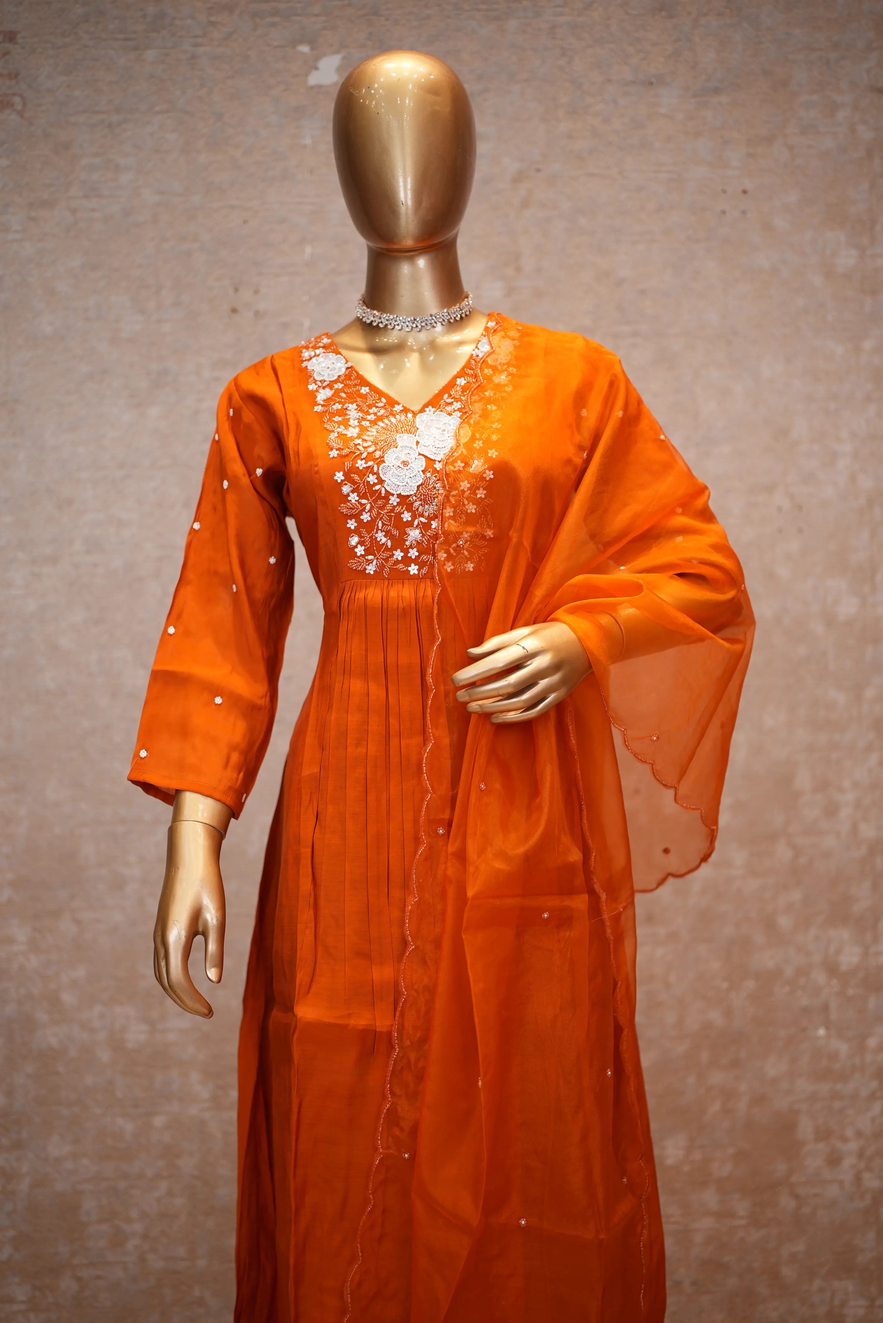 Elegant Orange Embroidered Kurta Set with Dupatta