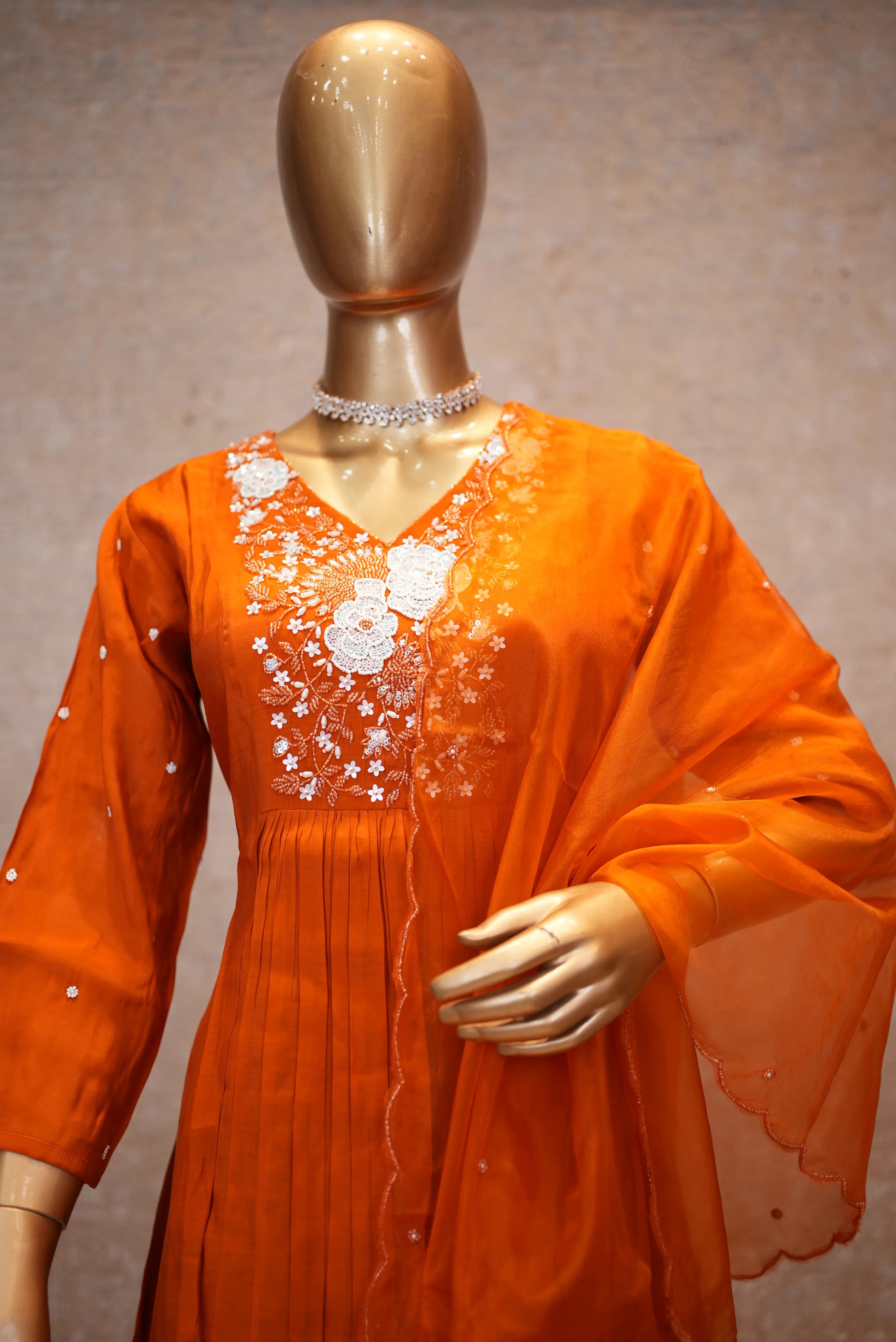 Elegant Orange Embroidered Kurta Set with Dupatta