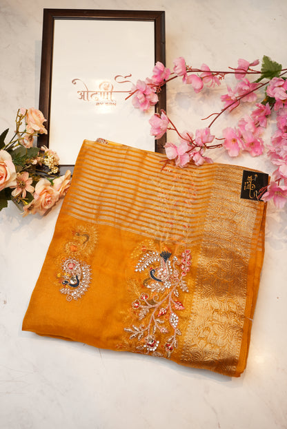 mosam fabric  saree woven  zari border with embroidery work ##SR088