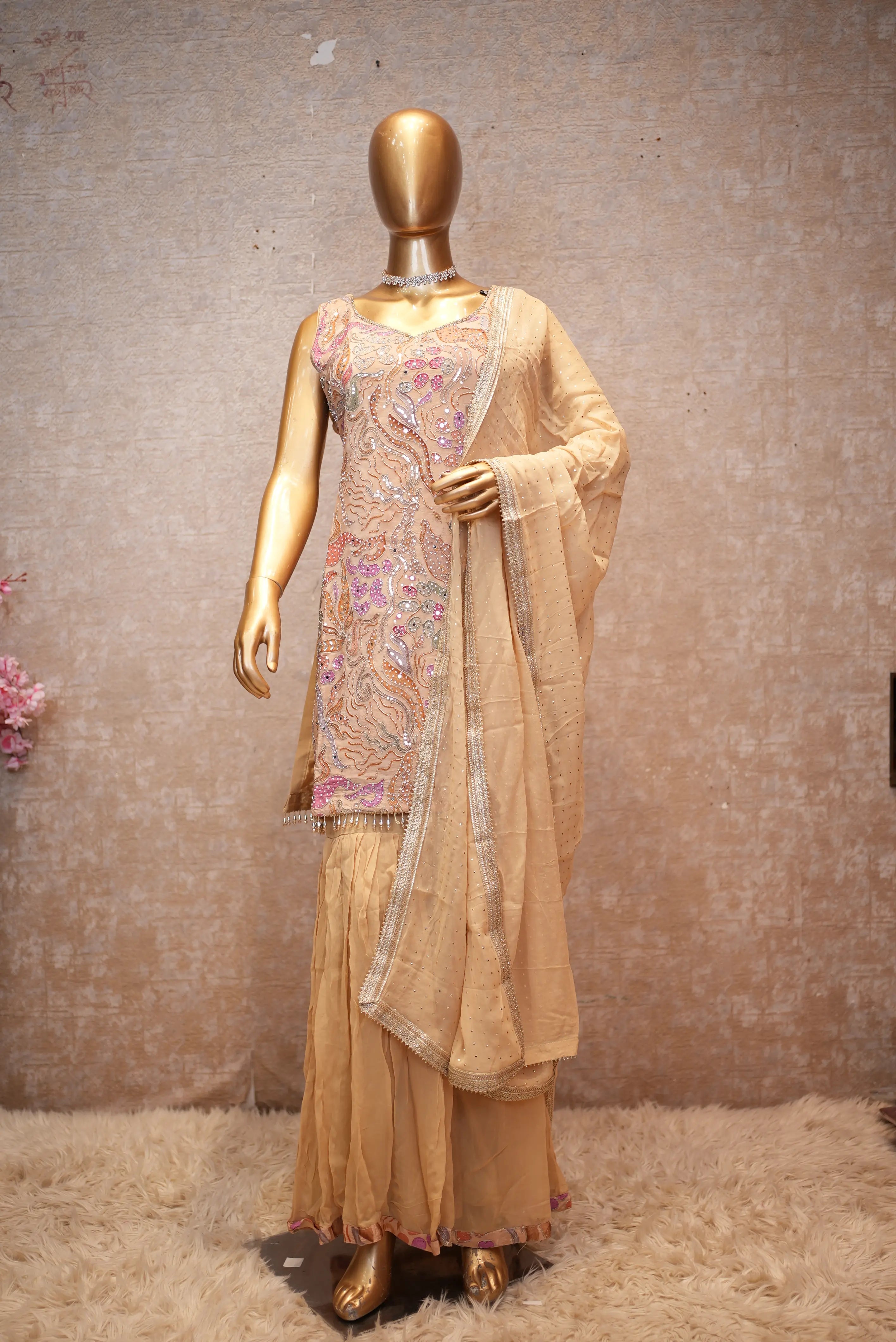 Elegant Peach Handwork Kurta Set with Sharara & Dupatta