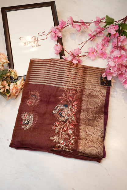 mosam fabric  saree woven  zari border with embroidery work ##SR088