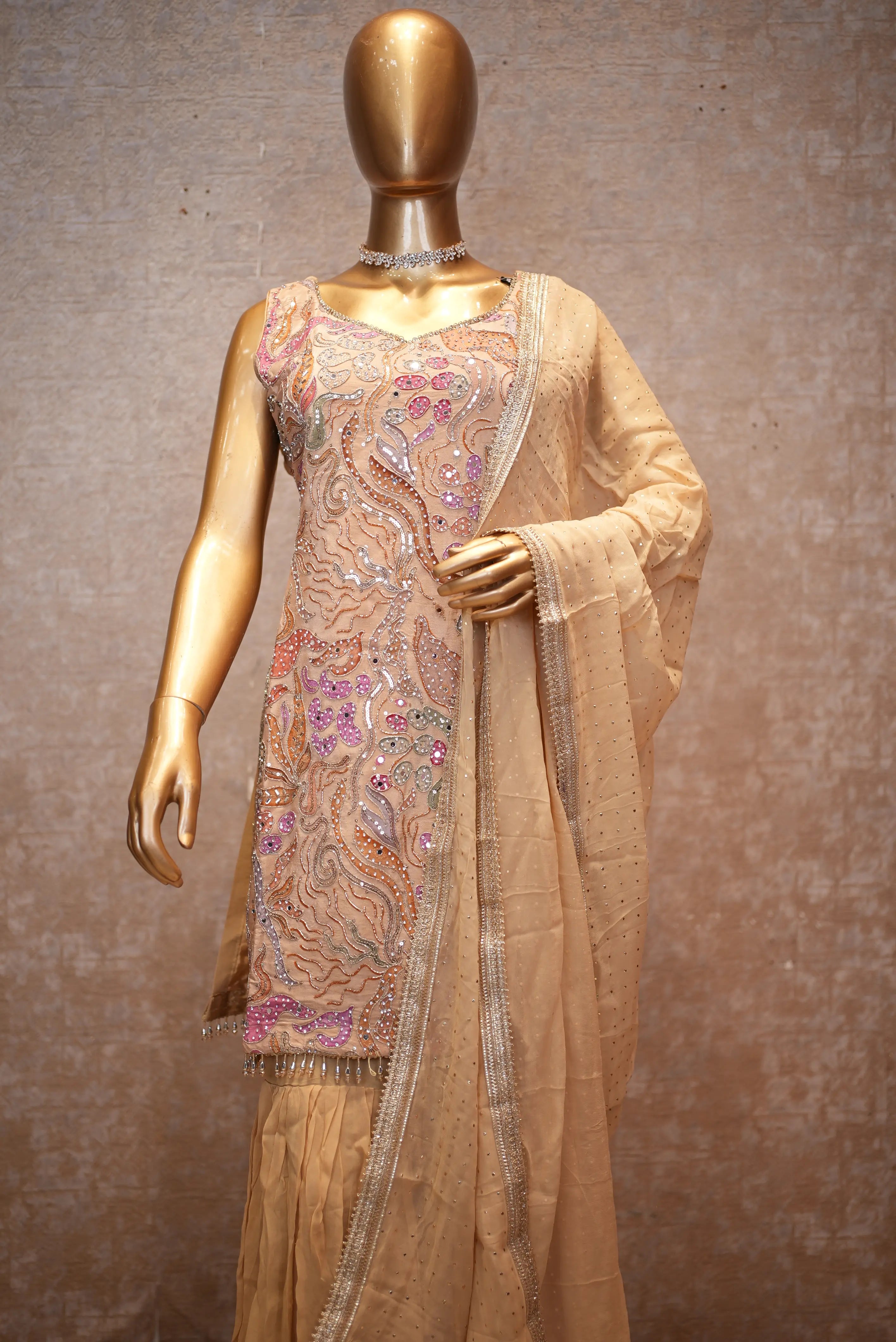 Elegant Peach Handwork Kurta Set with Sharara & Dupatta