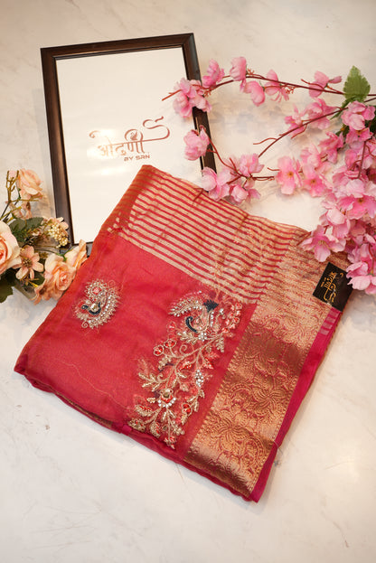 mosam fabric  saree woven  zari border with embroidery work ##SR088