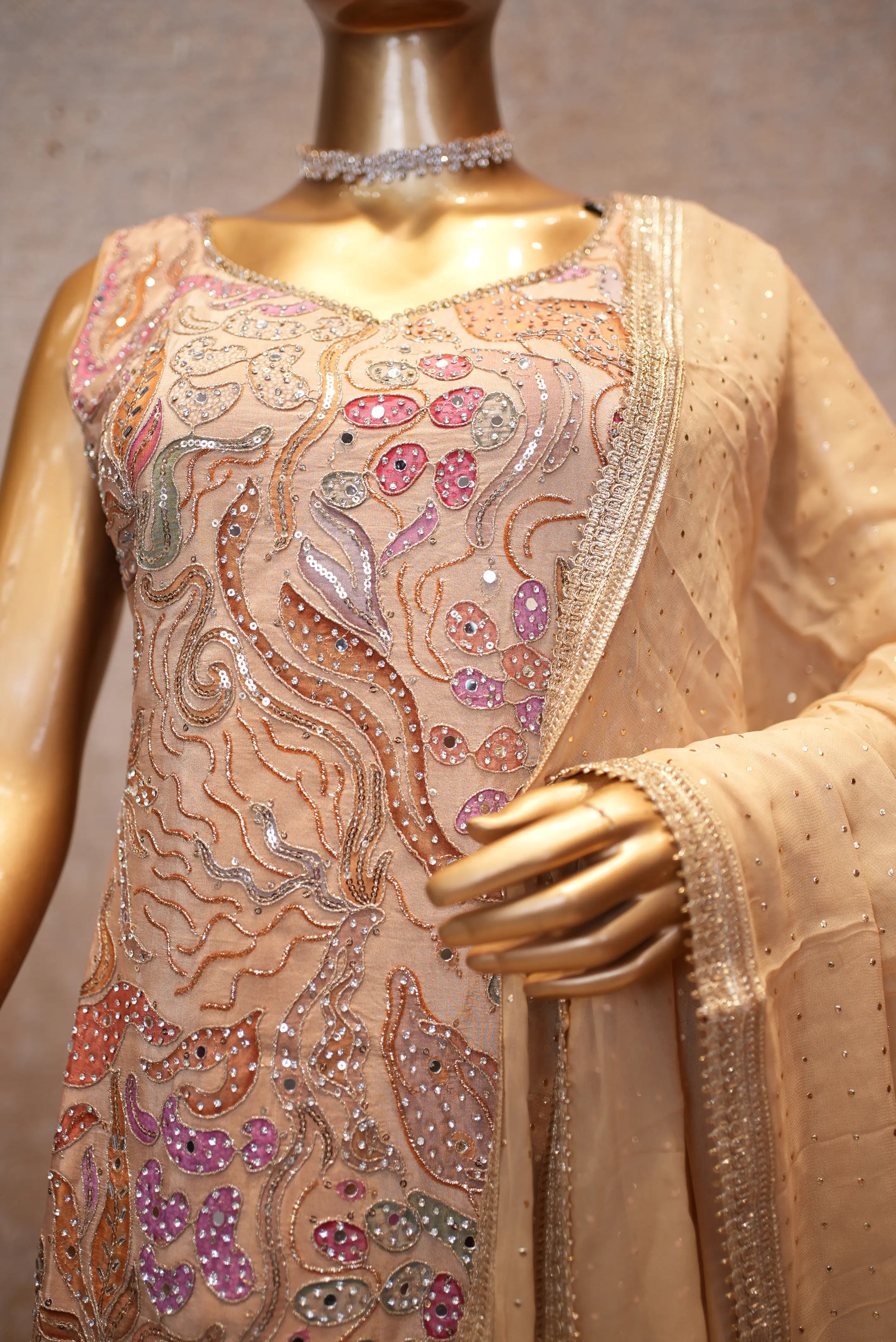 Elegant Peach Handwork Kurta Set with Sharara & Dupatta