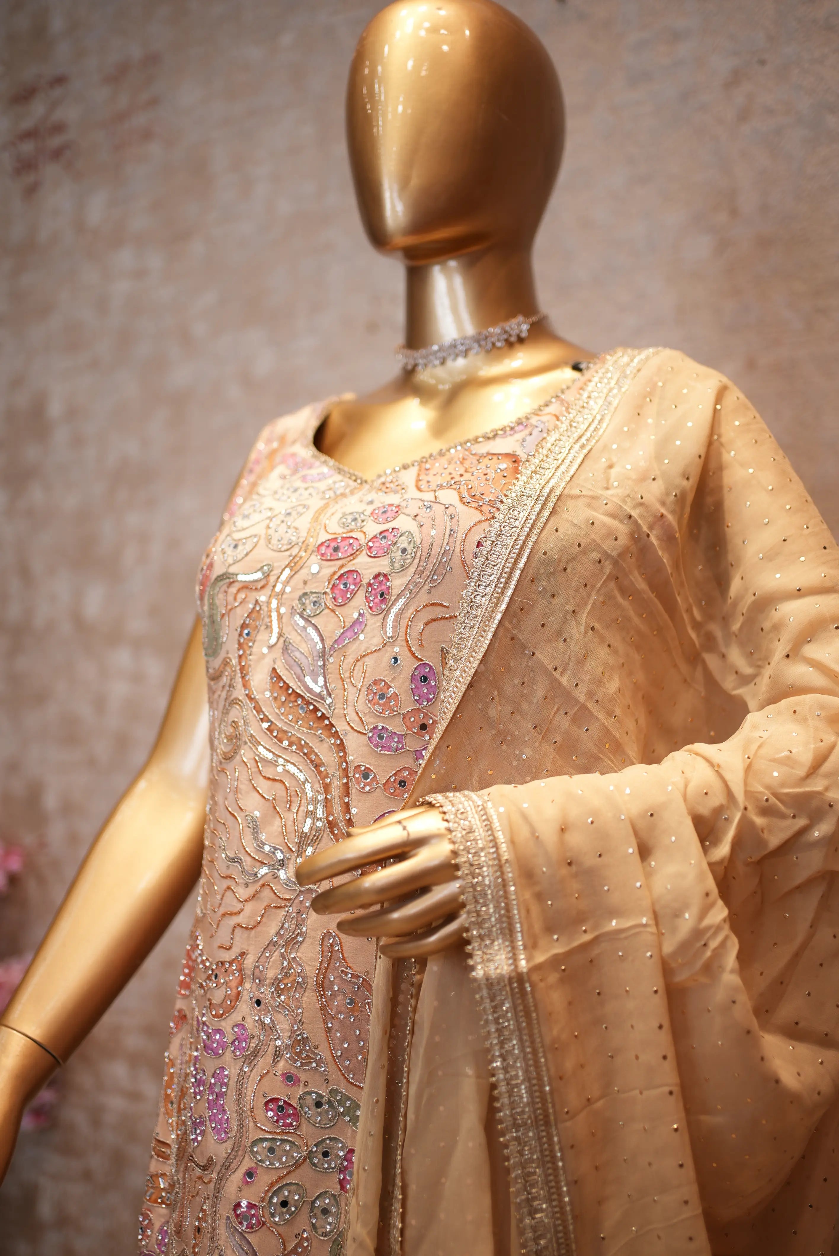 Elegant Peach Handwork Kurta Set with Sharara & Dupatta