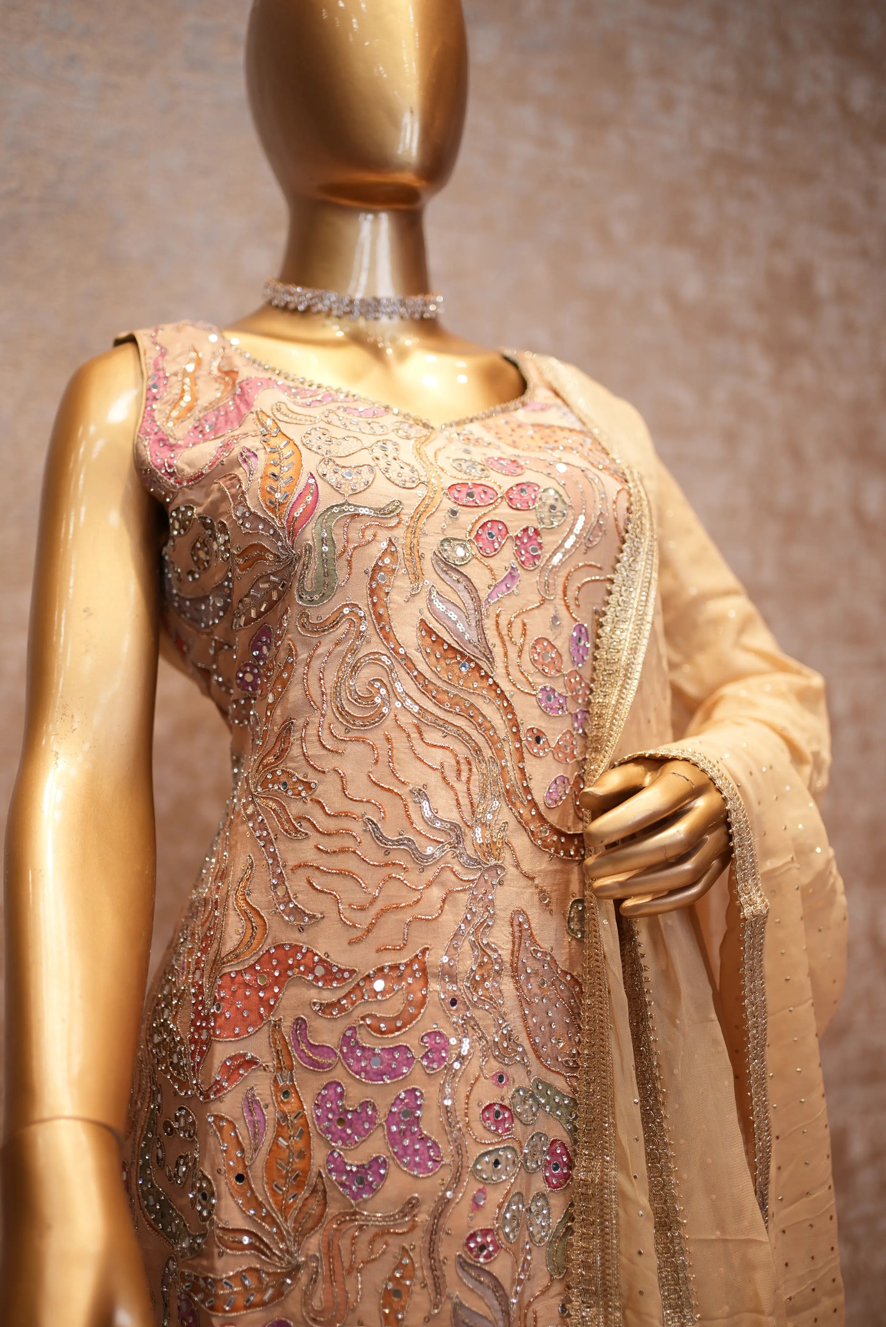 Elegant Peach Handwork Kurta Set with Sharara & Dupatta