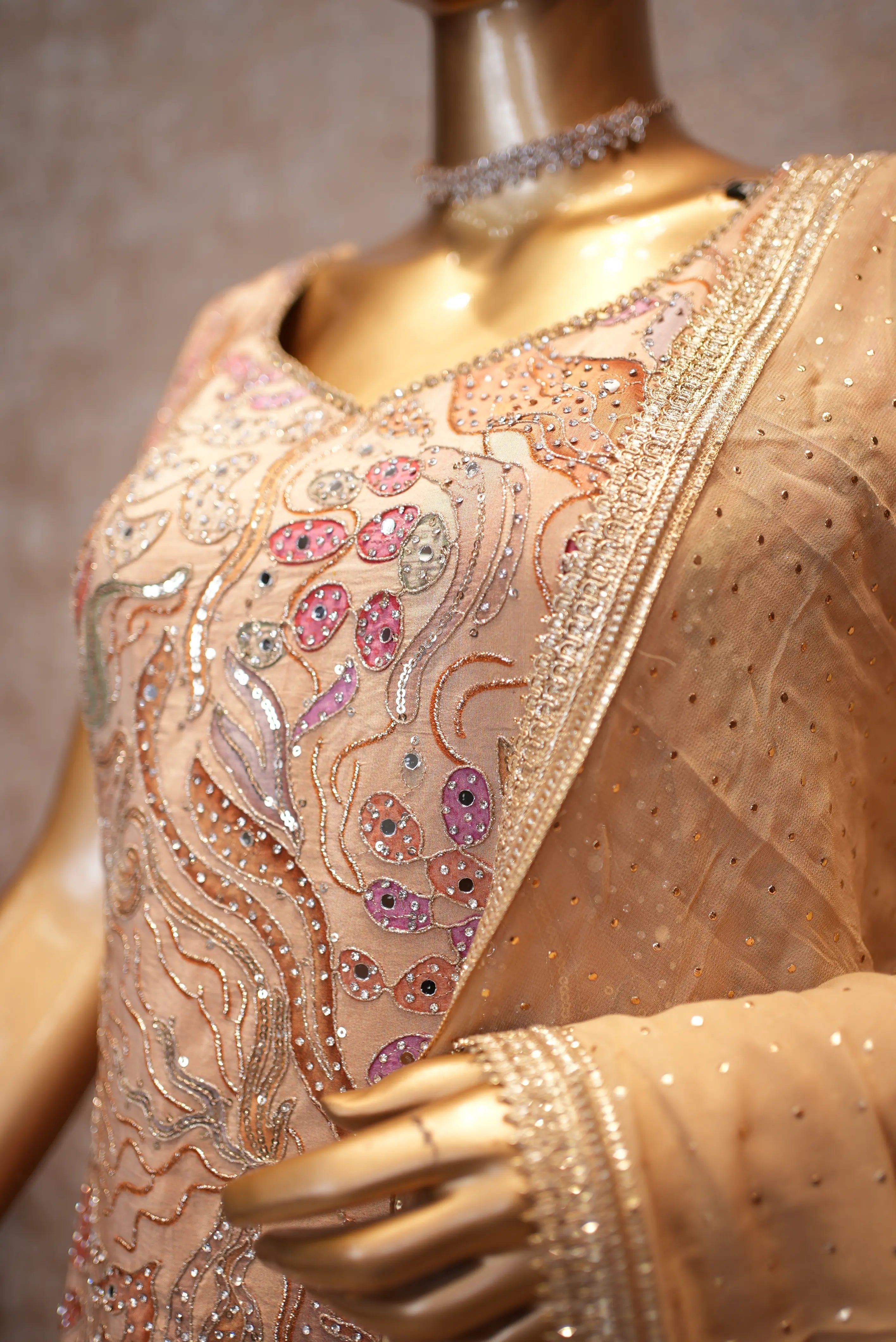 Elegant Peach Handwork Kurta Set with Sharara & Dupatta
