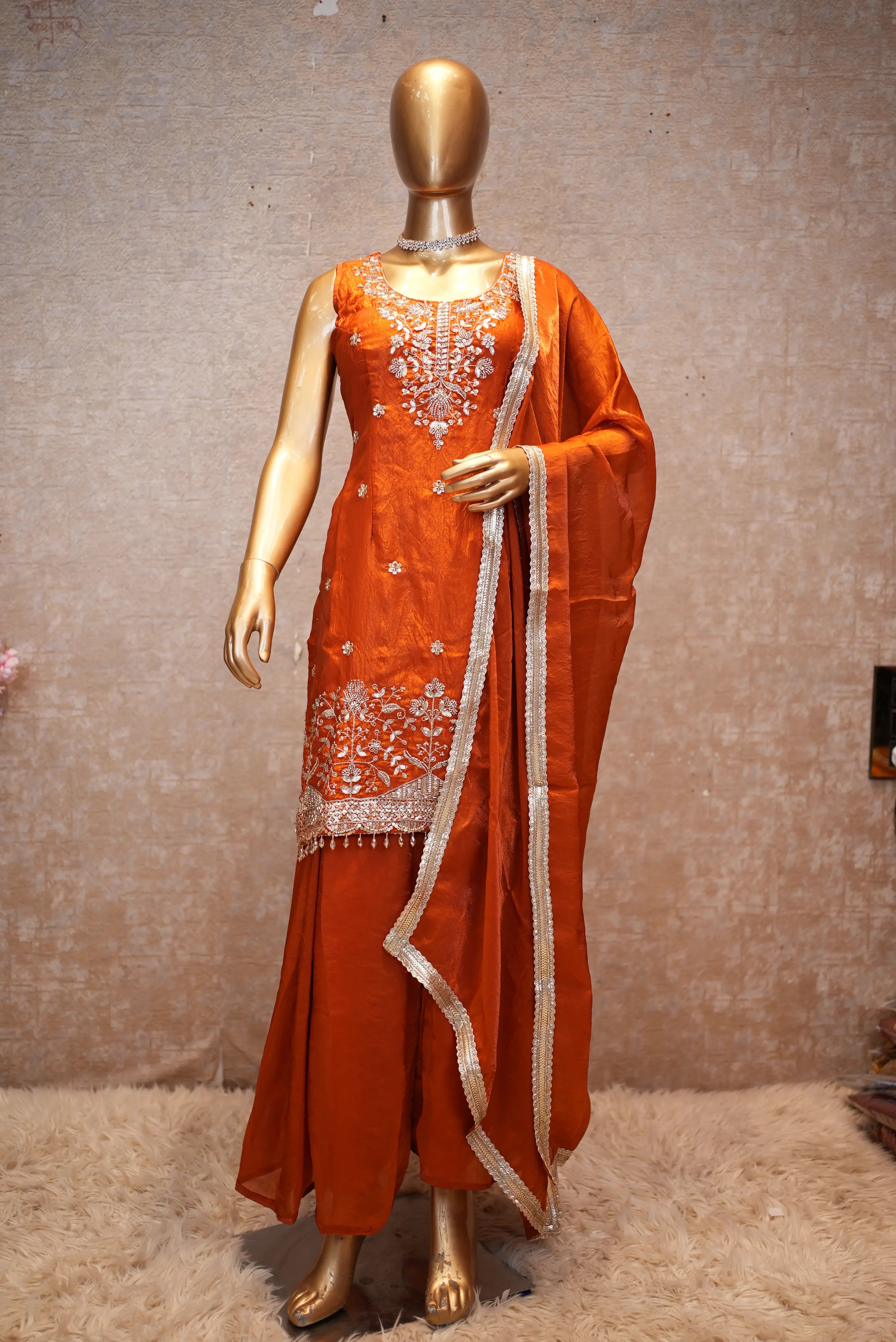 Elegant Orange Silk Suit Set with Heavy Embroidery & Dupatta