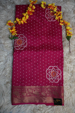 BANDHAI SAREE WITH AARI TARI WORK ON DOLA SILK FABRIC (WITH BLOUSE)  ##SR0399
