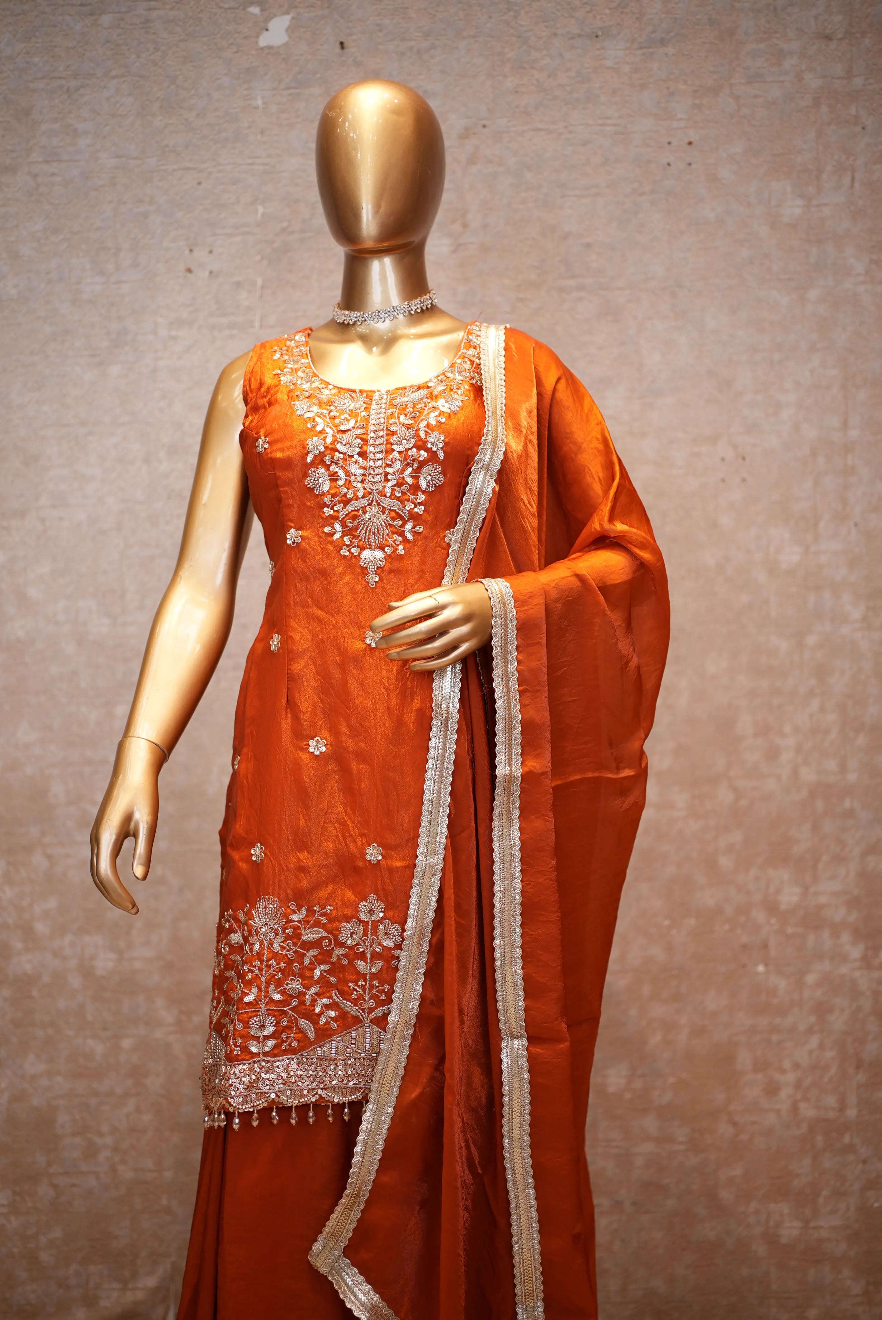Elegant Orange Silk Suit Set with Heavy Embroidery & Dupatta