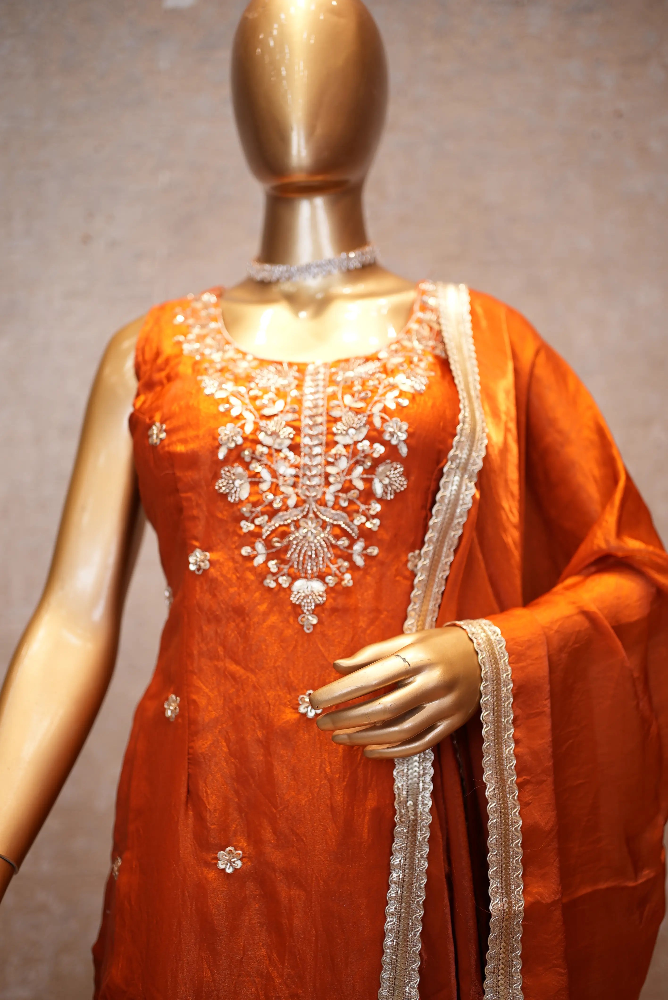 Elegant Orange Silk Suit Set with Heavy Embroidery & Dupatta