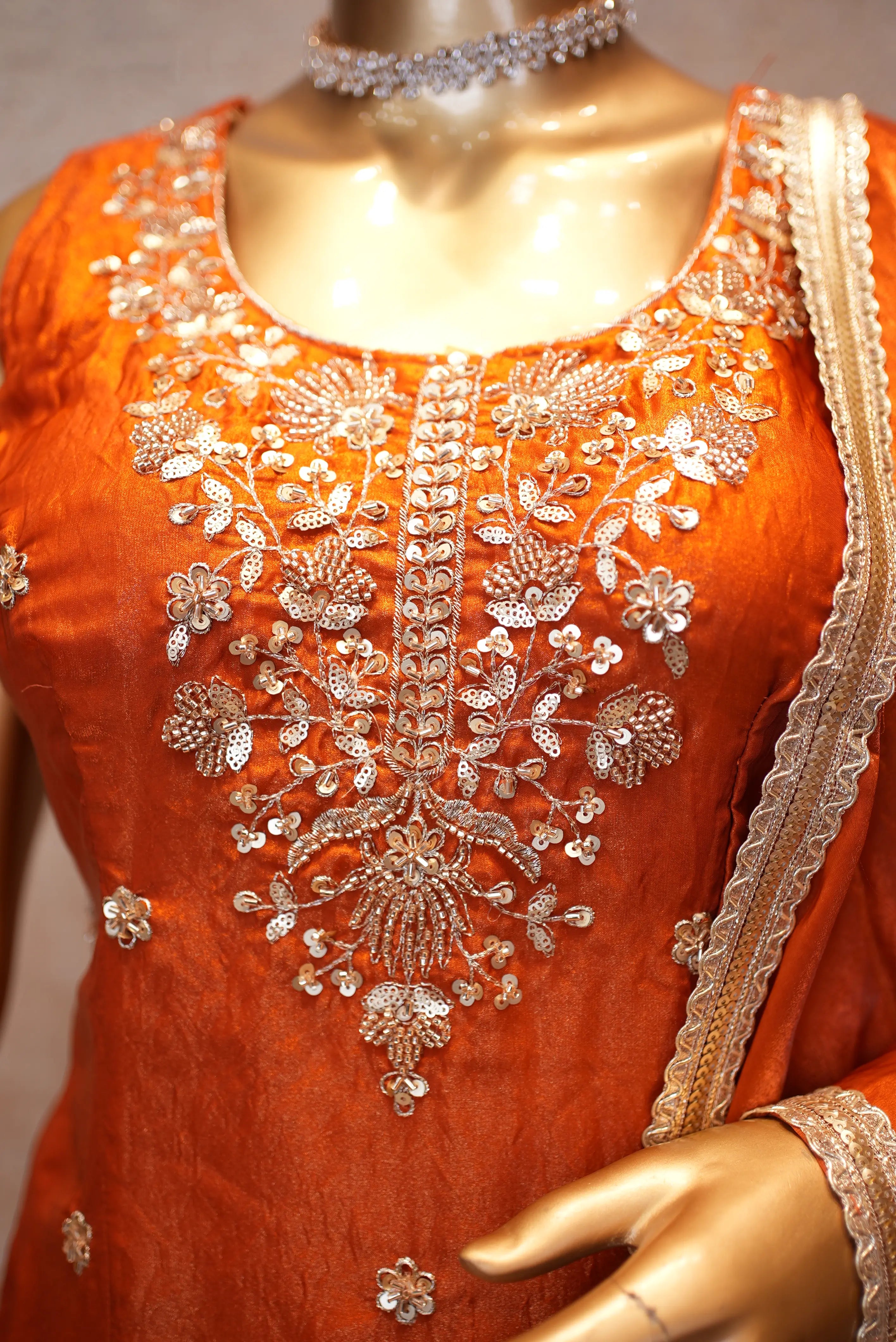 Elegant Orange Silk Suit Set with Heavy Embroidery & Dupatta