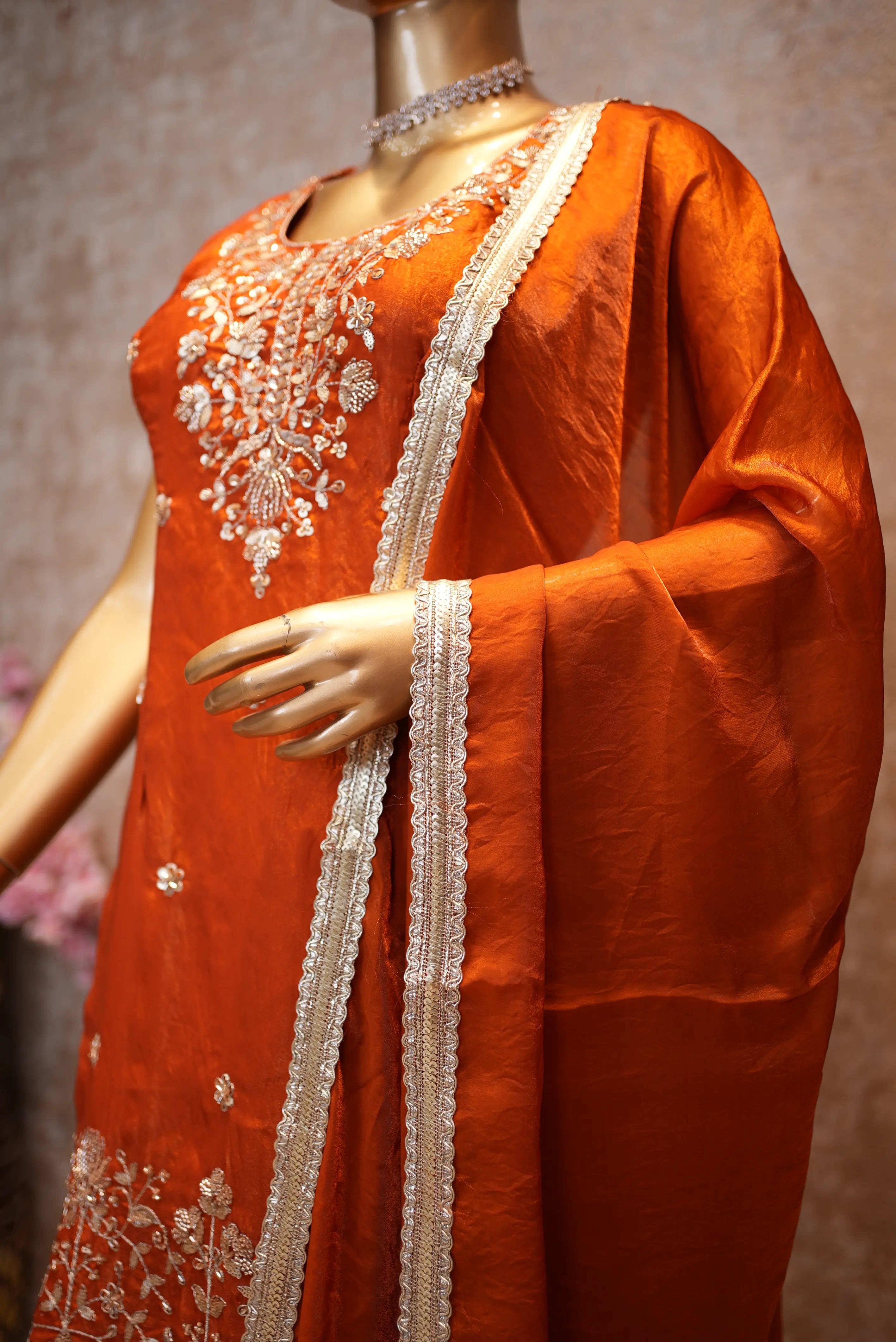 Elegant Orange Silk Suit Set with Heavy Embroidery & Dupatta