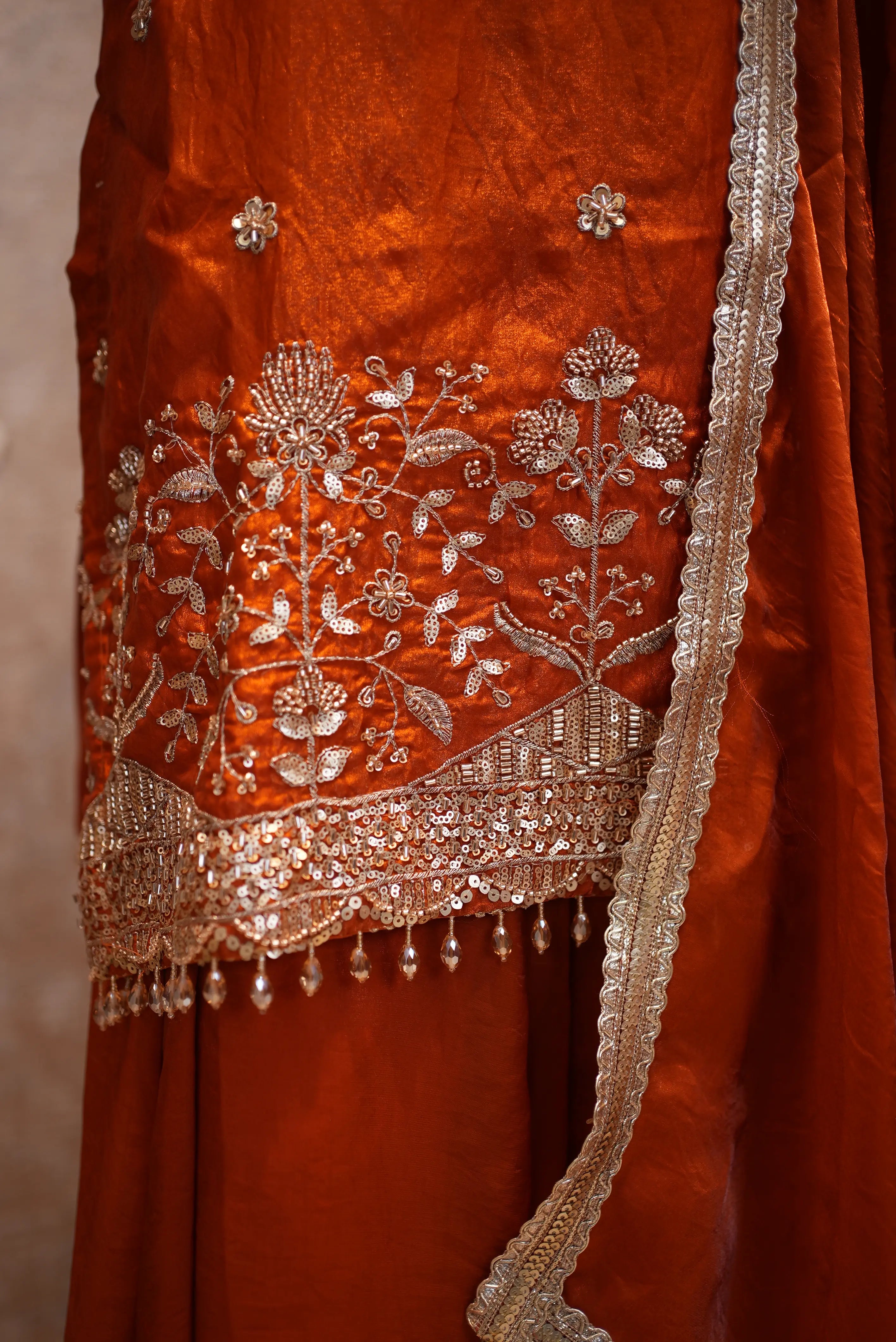 Elegant Orange Silk Suit Set with Heavy Embroidery & Dupatta