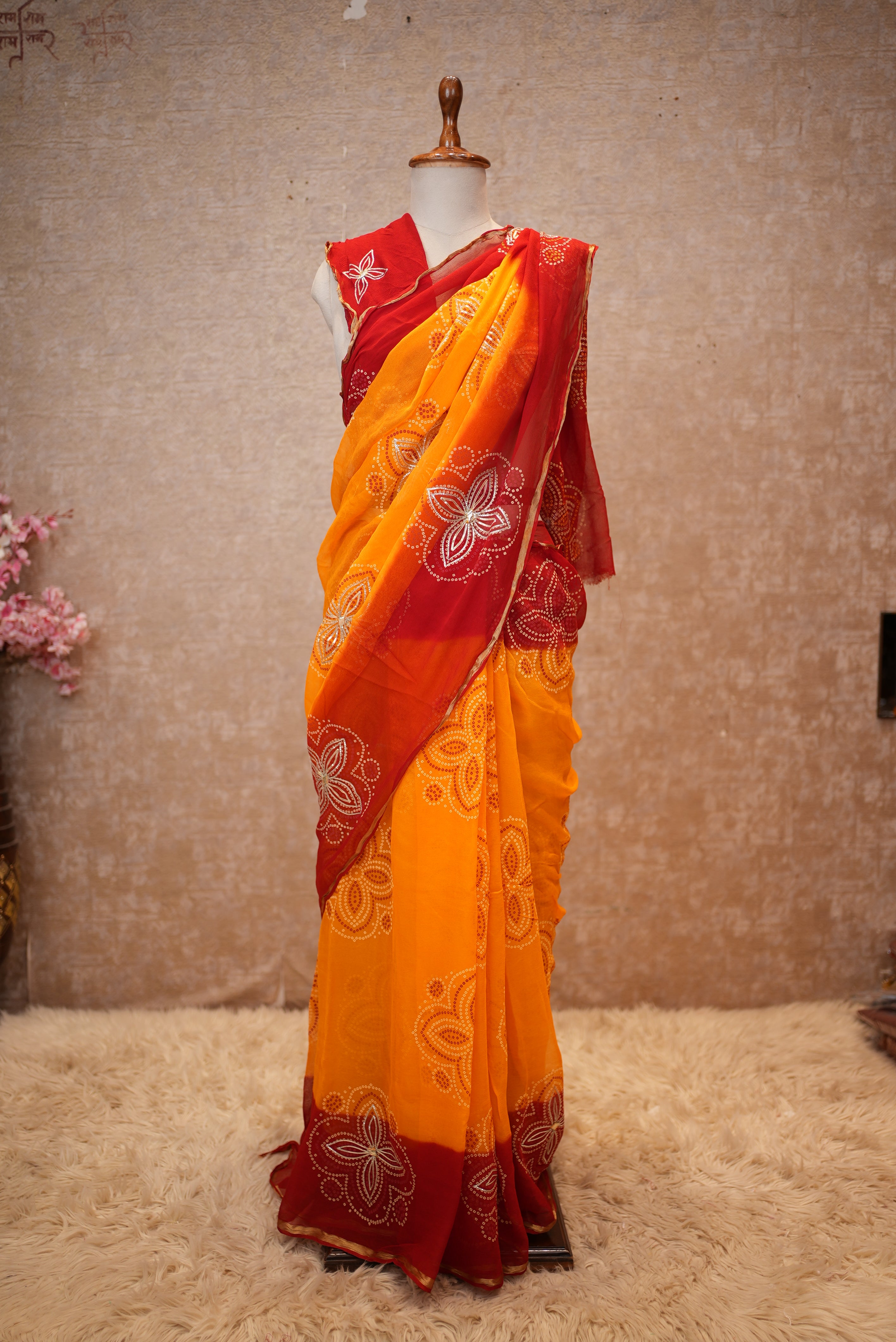 Traditional Pila Saree Georgetta Fabric with Kacchi Gota Patti Work (With Blouse)