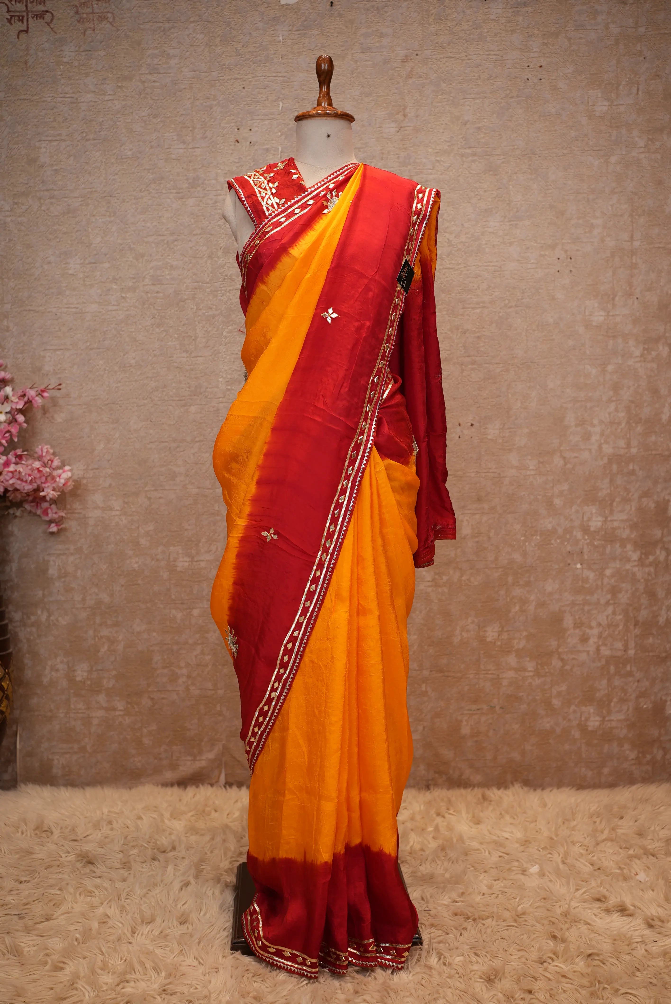 Traditional Pila Saree with Kacchi Gota Patti Work (With Blouse)