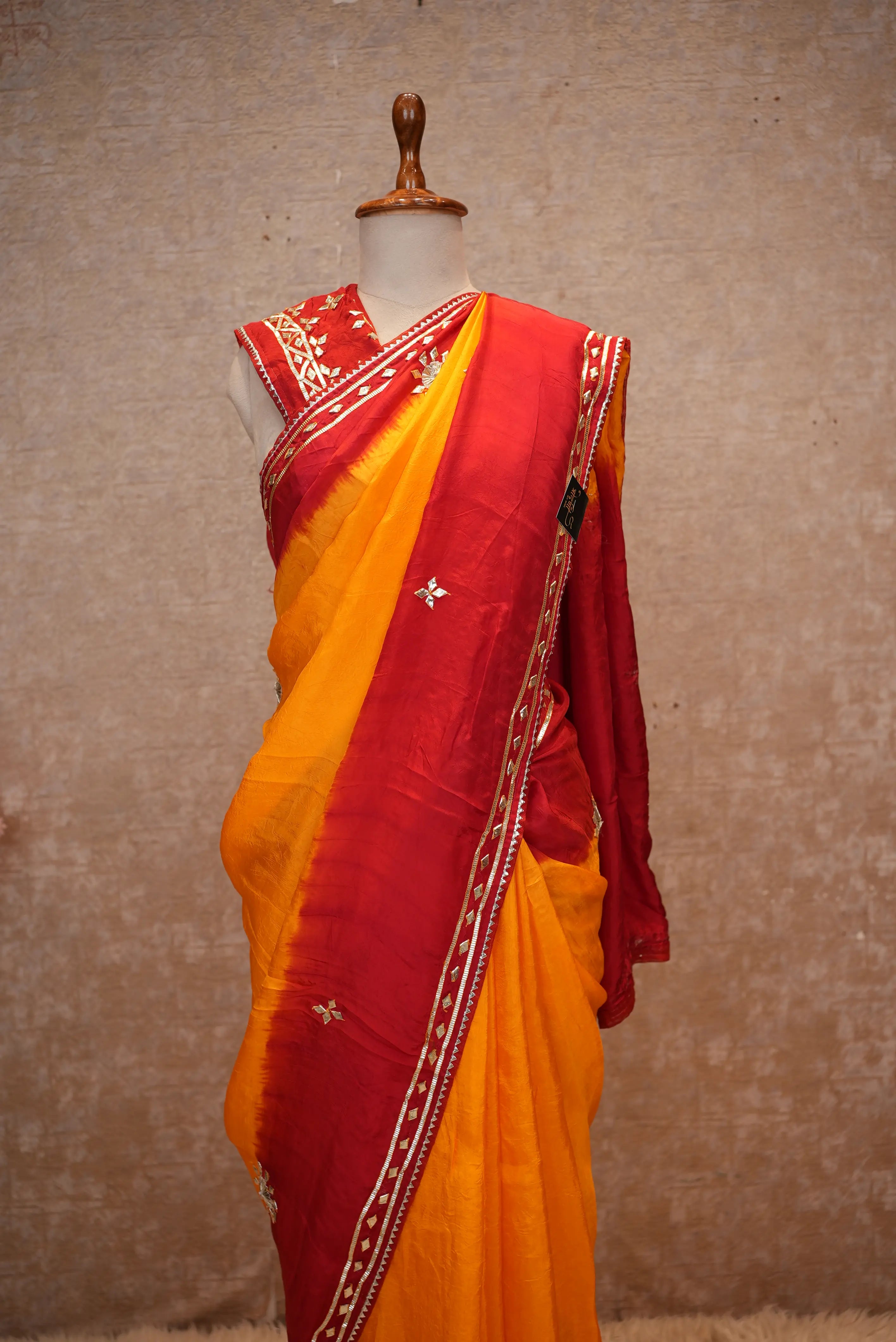 Traditional Pila Saree with Kacchi Gota Patti Work (With Blouse)