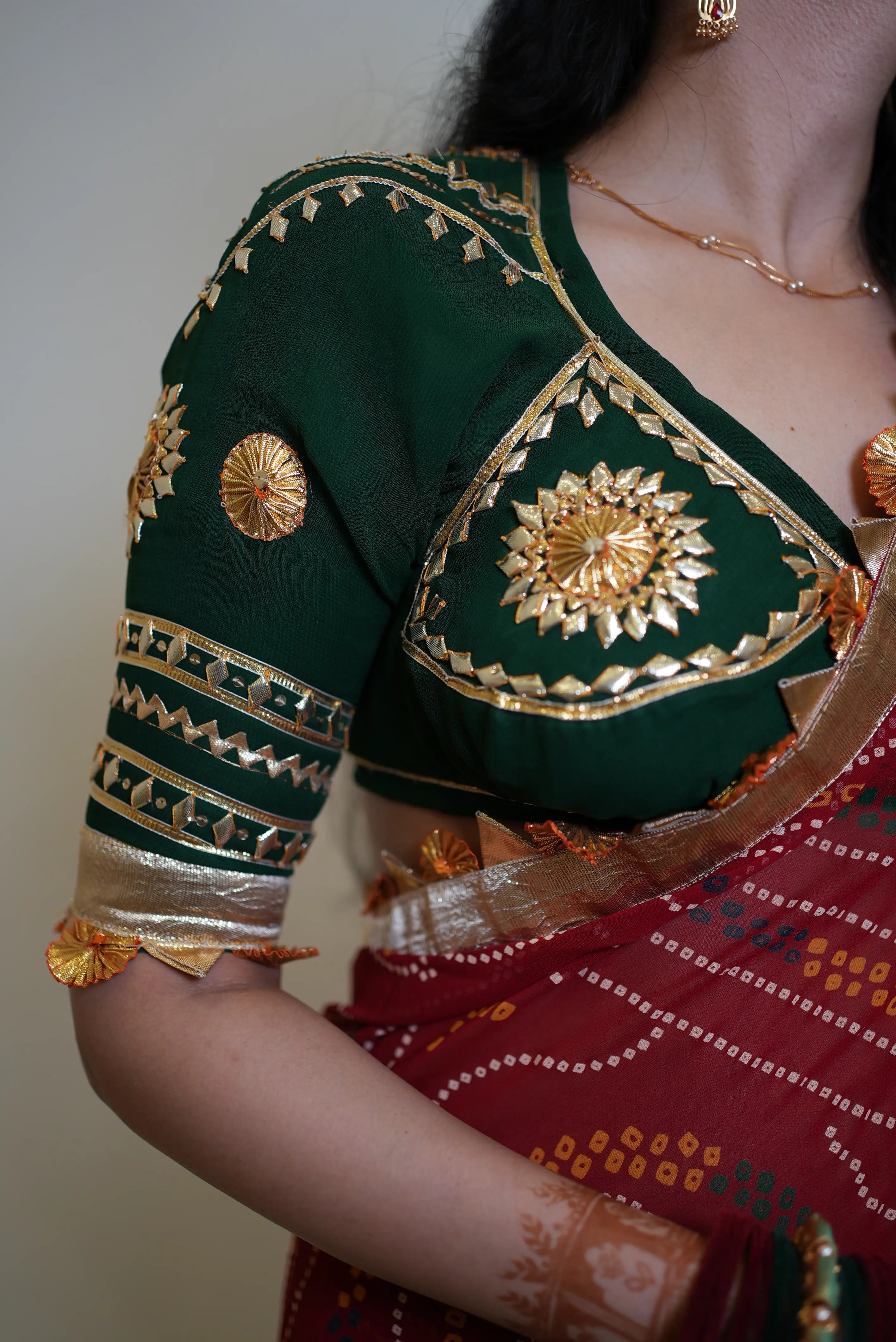 Traditional Bandhani Saree With Lapa Lace With Rajsthani Angi Blouse