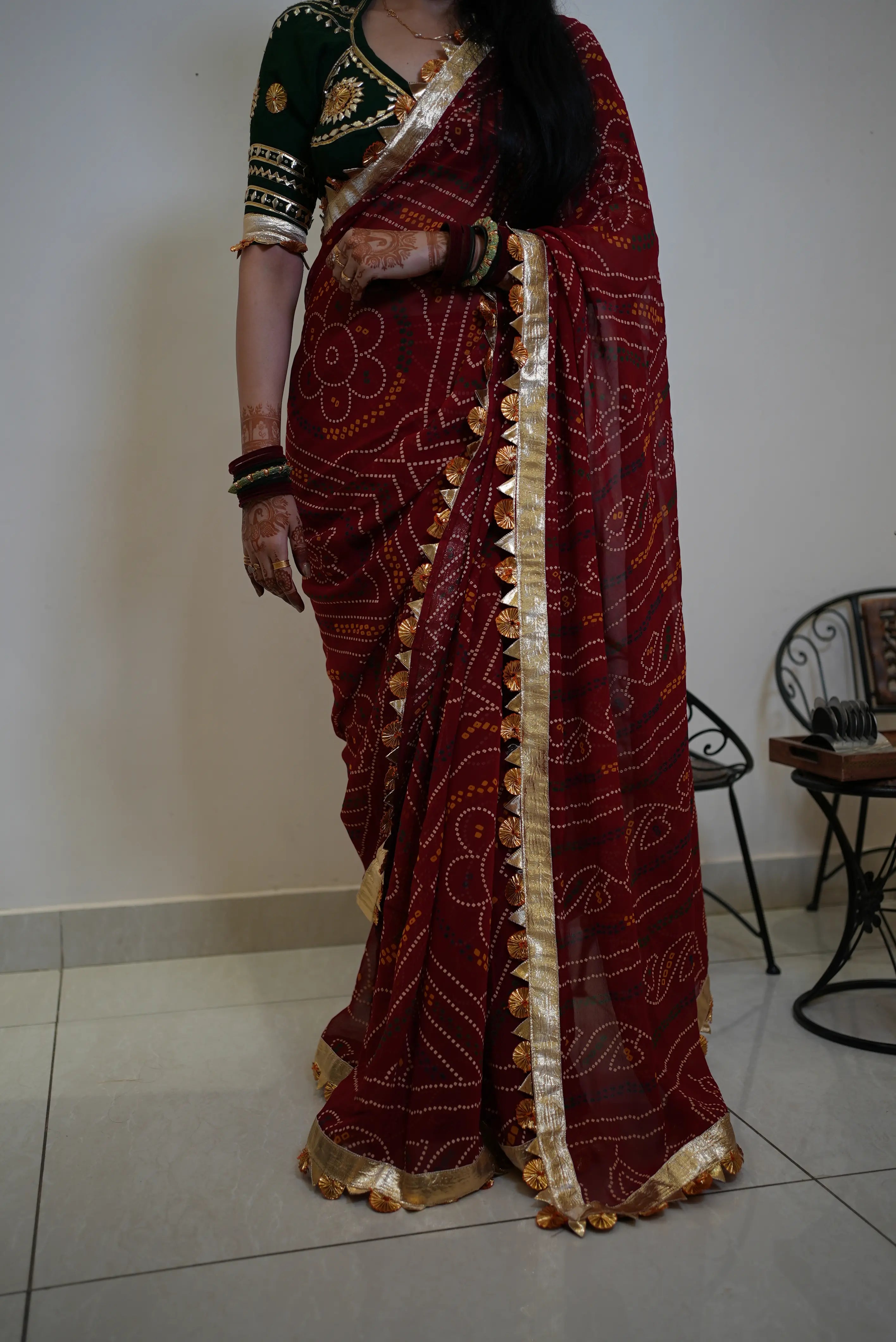 Traditional Bandhani Saree With Lapa Lace With Rajsthani Angi Blouse
