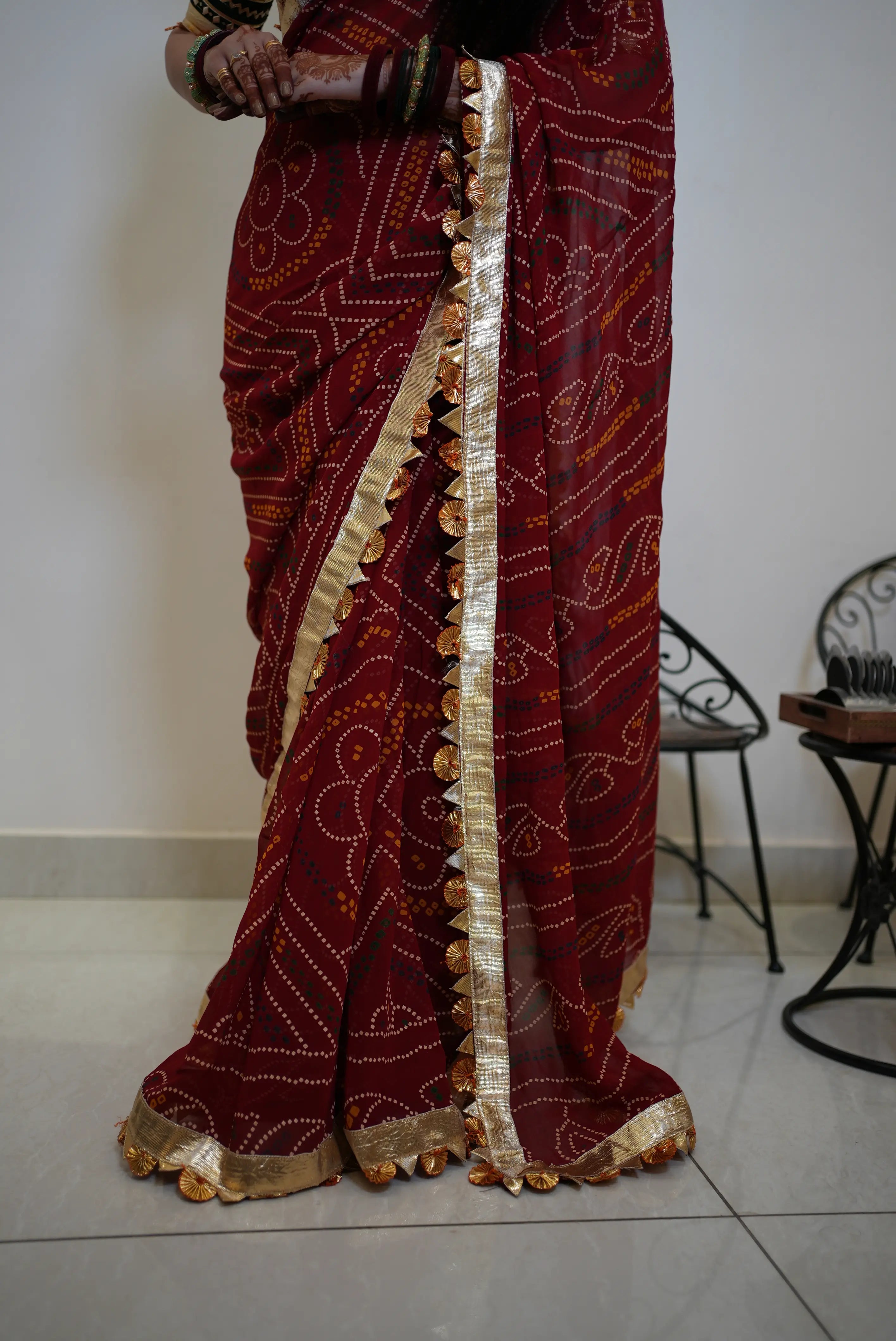 Traditional Bandhani Saree With Lapa Lace With Rajsthani Angi Blouse
