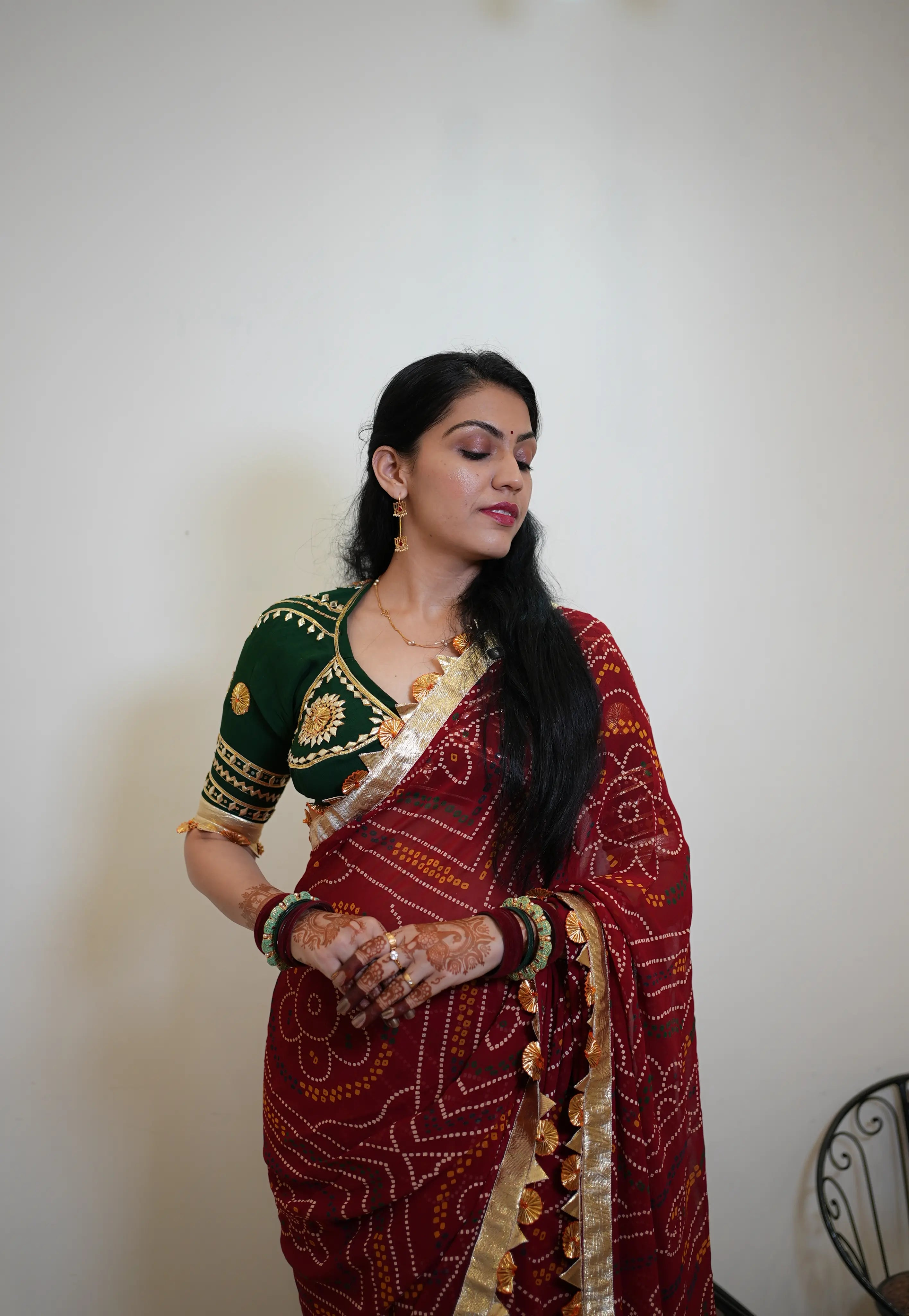 Traditional Bandhani Saree With Lapa Lace With Rajsthani Angi Blouse
