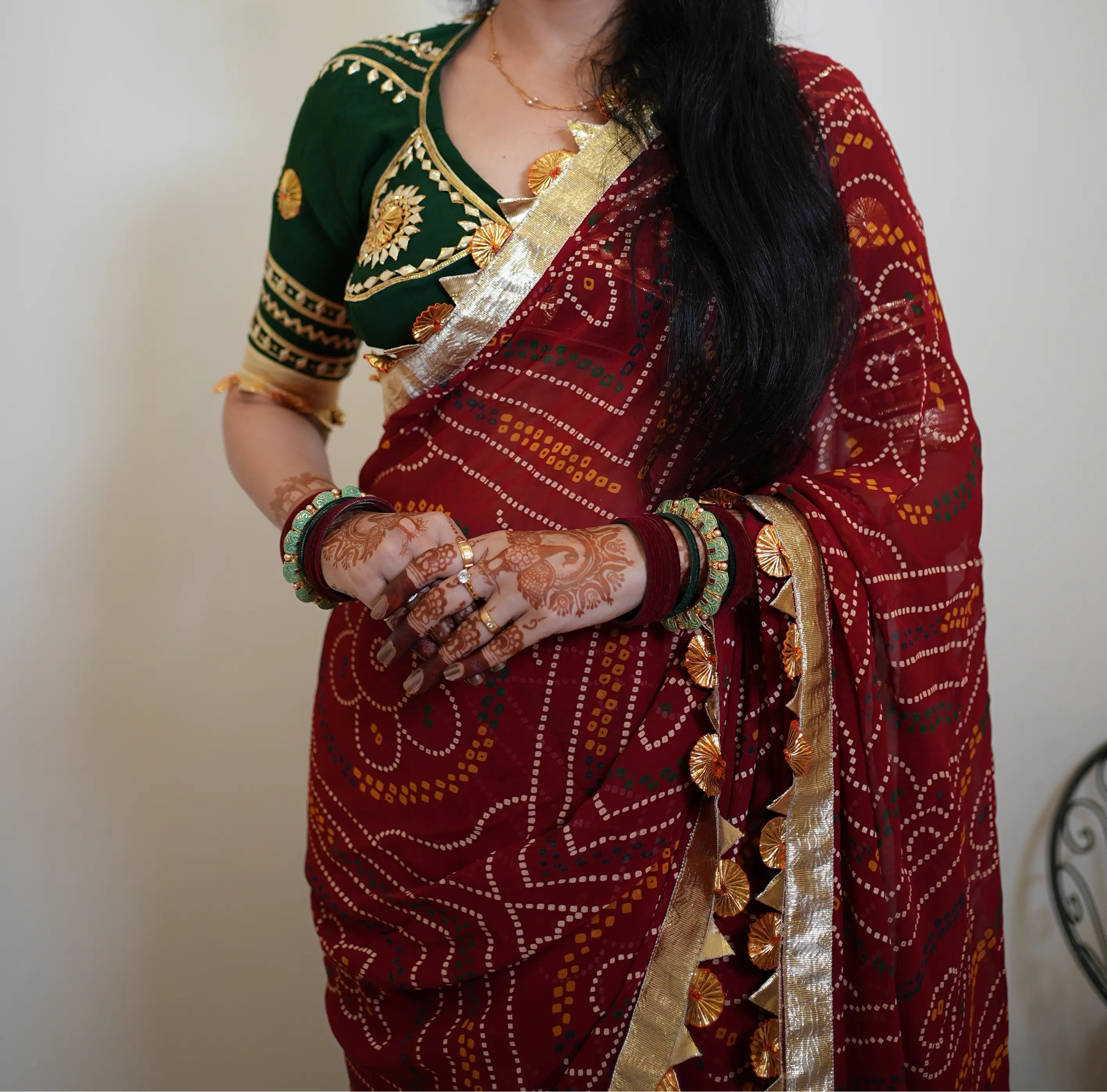 Traditional Bandhani Saree With Lapa Lace With Rajsthani Angi Blouse