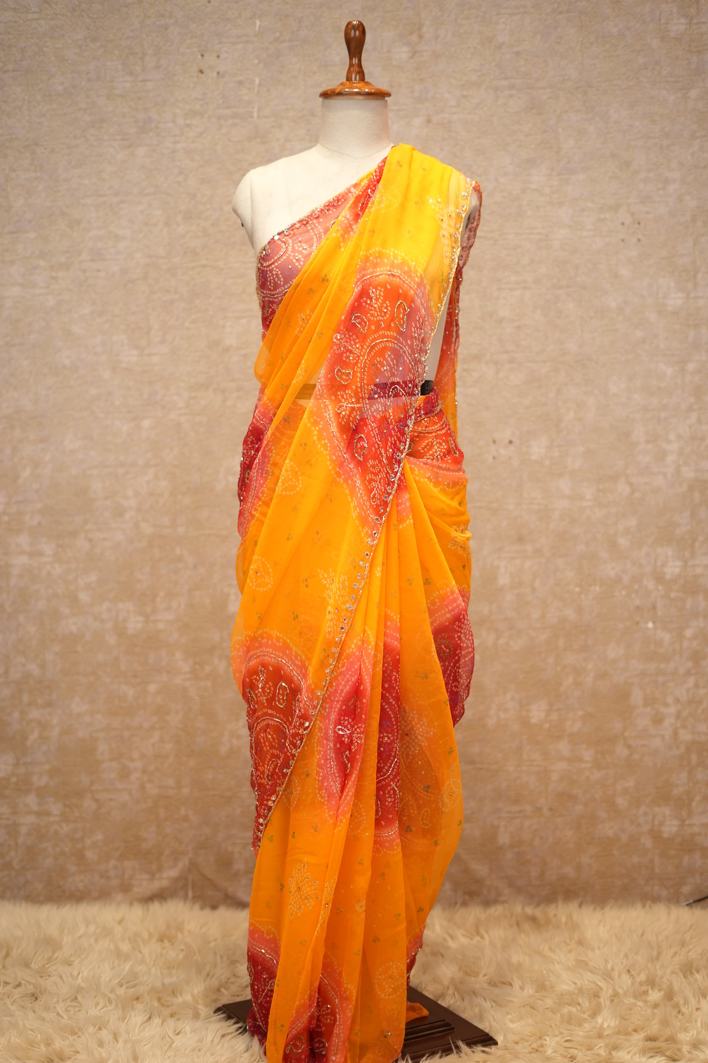Bandhani Design Saree On Georgette Fabric In Multishade (With Runing Blouse)