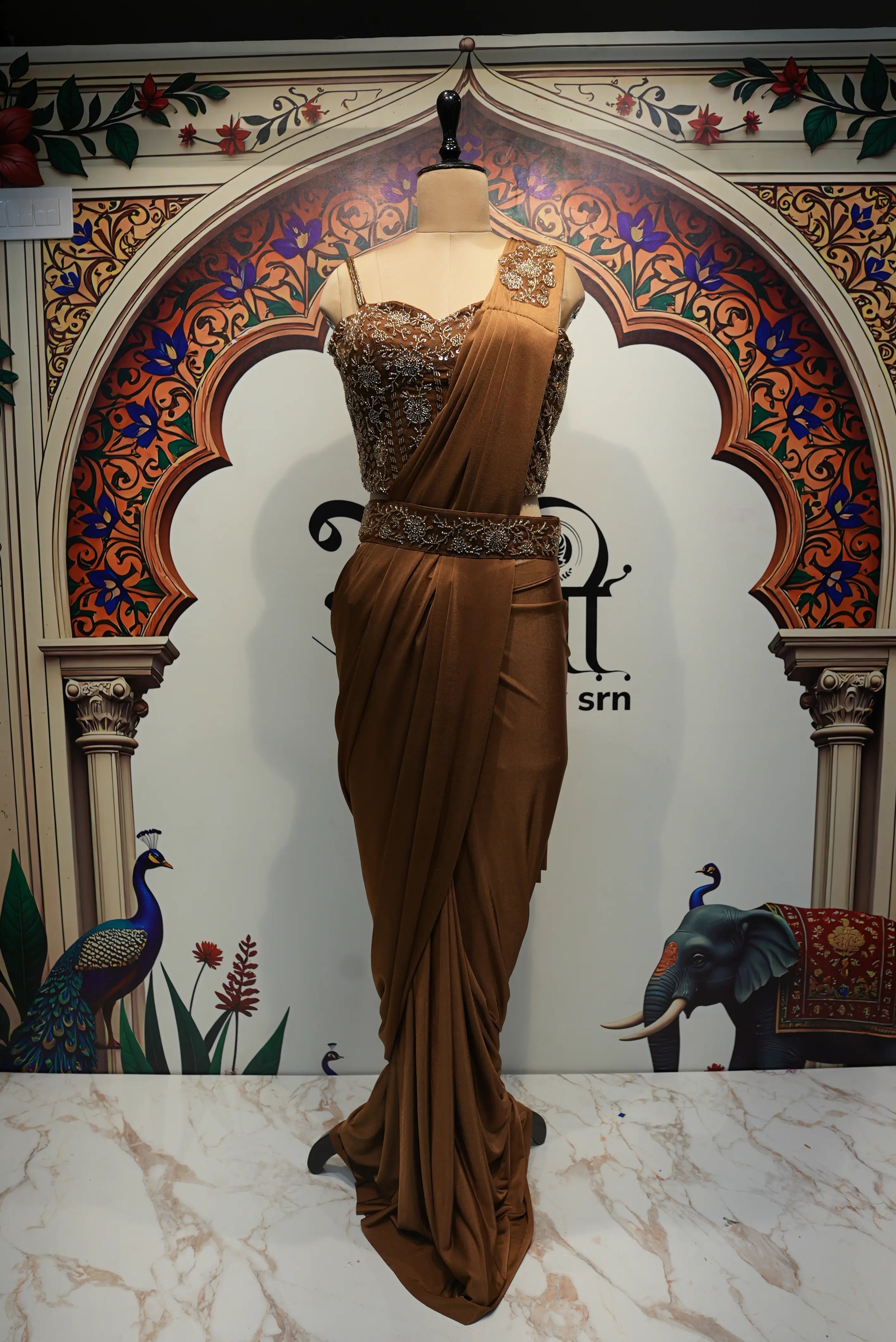 Elegant Brown Designer Saree with Embroidered Blouse – Premium Party Wear