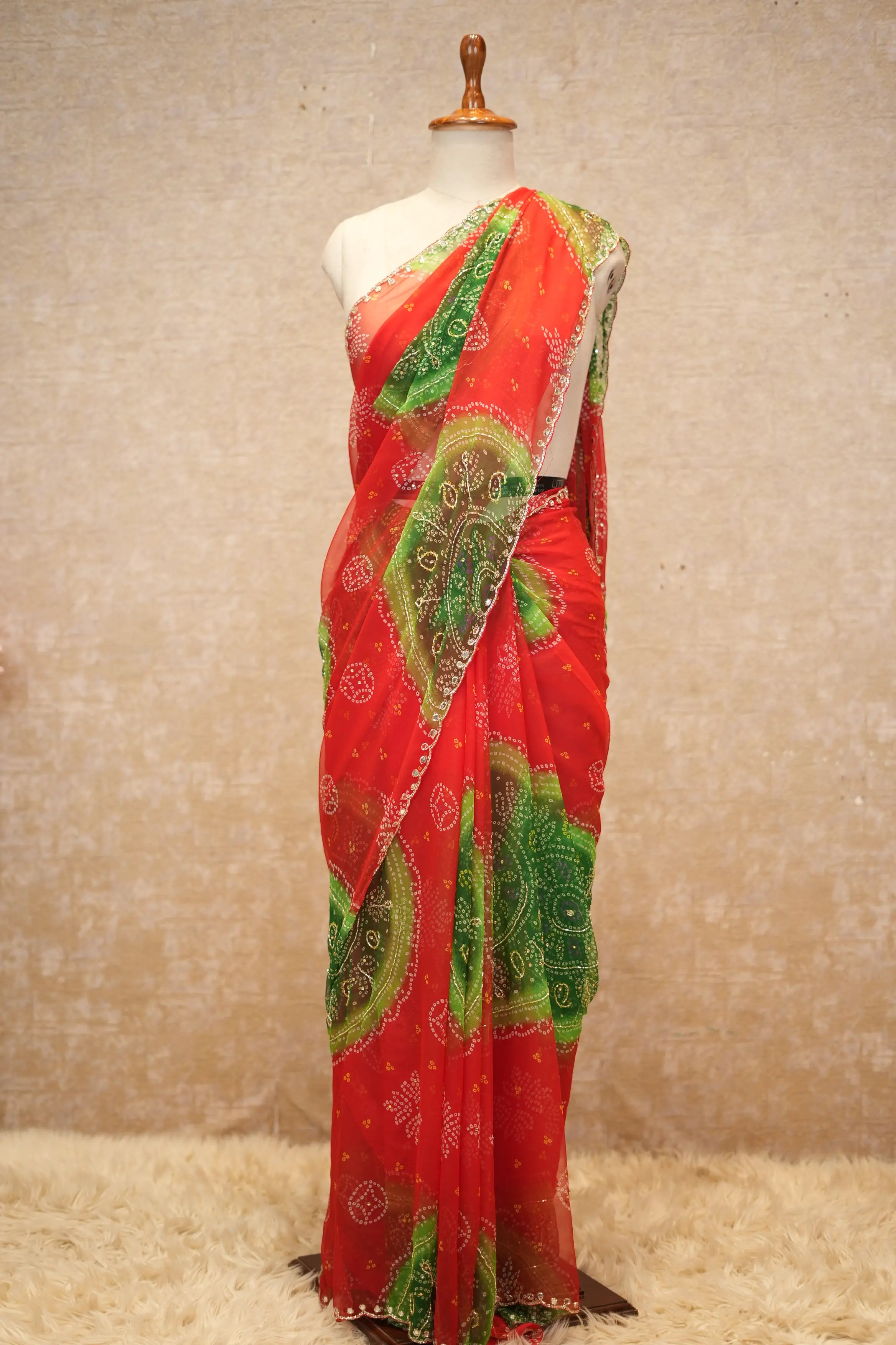 Bandhani Design Saree On Georgette Fabric In Multishade (With Runing Blouse)