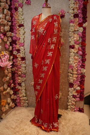 KARWA CHAUTH SPECIAL GEORGETTE FABRIC SAREE WITH SWASTIK PRINT (WITH BLOUSE) ##SR0396