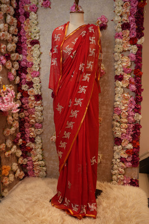 KARWA CHAUTH SPECIAL GEORGETTE FABRIC SAREE WITH SWASTIK PRINT (WITH BLOUSE) ##SR0396