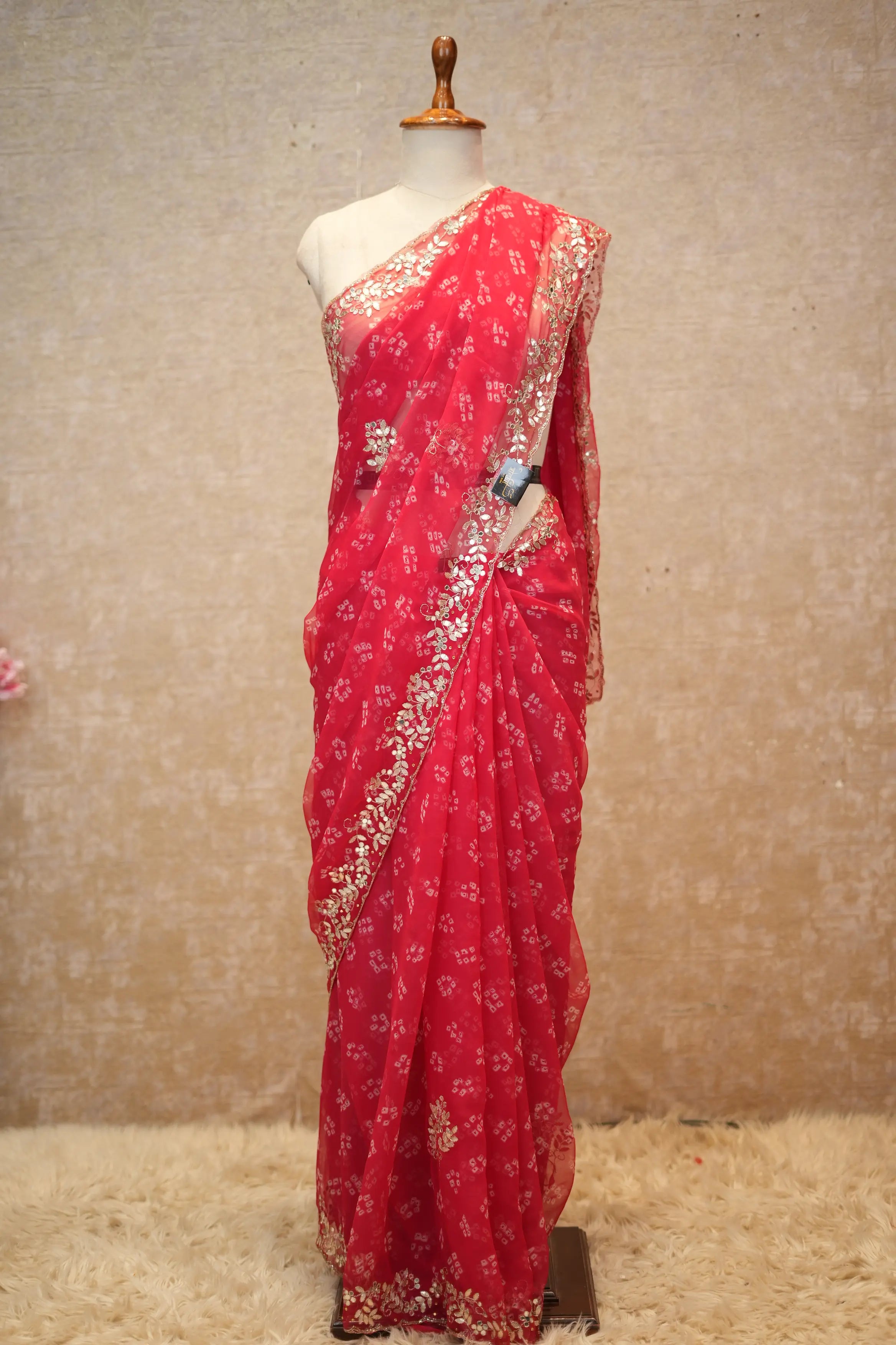 Diamond Chiffon Fabric Saree With Gota Patti & Mirror Work (With Blouse)