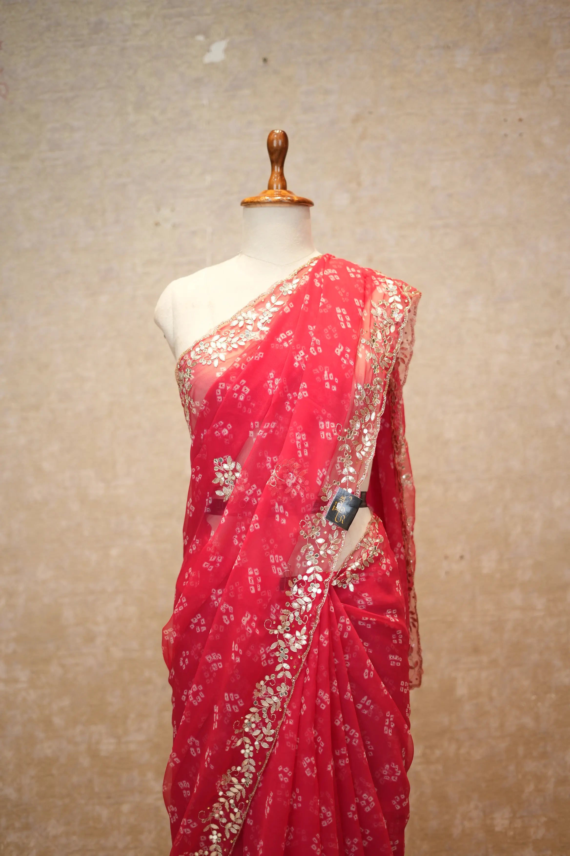 Diamond Chiffon Fabric Saree With Gota Patti & Mirror Work (With Blouse)