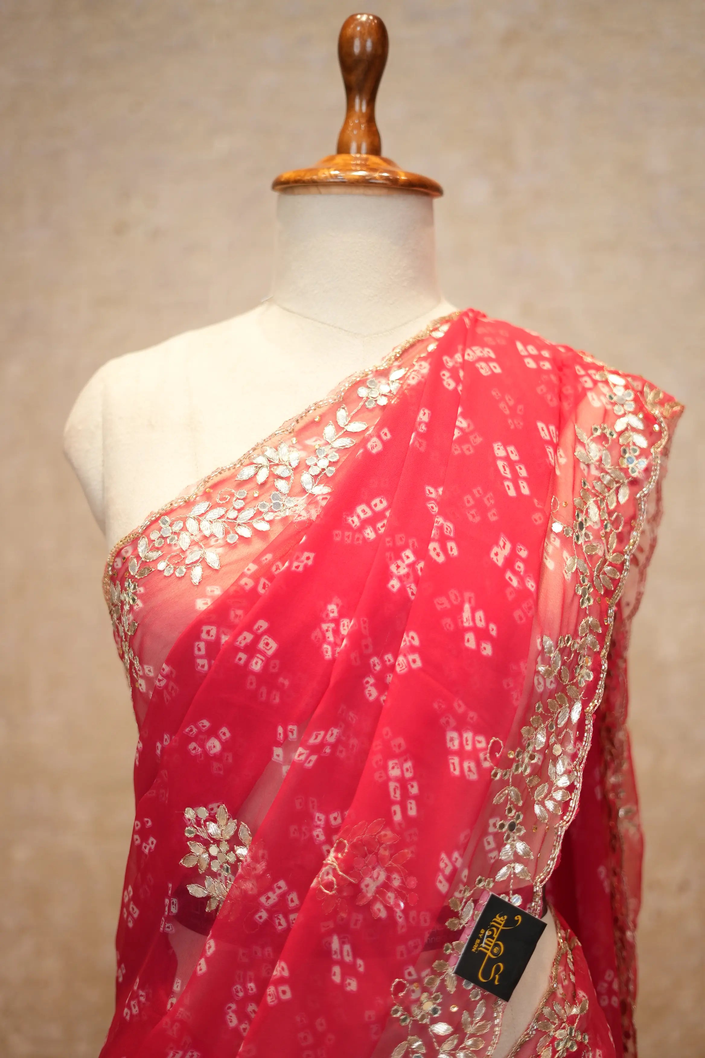 Diamond Chiffon Fabric Saree With Gota Patti & Mirror Work (With Blouse)