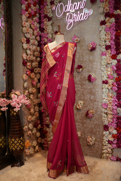 SHIMMER CHIFFON FABRIC SAREE WITH EMBROIDERY BUTA AND BANARASI WEAVING BORDER (WITH BLOUSE) ##SR0176
