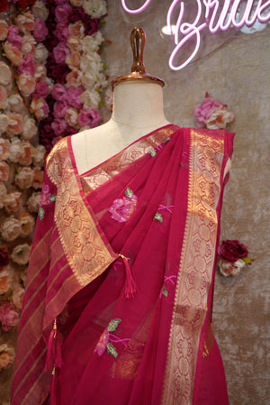 SHIMMER CHIFFON FABRIC SAREE WITH EMBROIDERY BUTA AND BANARASI WEAVING BORDER (WITH BLOUSE) ##SR0176