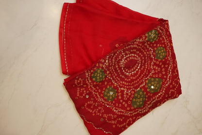 DARBARI SAREE WITH AARI TARI WORK & LADDU BANDHEJ ON ROYAL CHIFFON FABRIC (WITHOUT BLOUSE)  ##SR421