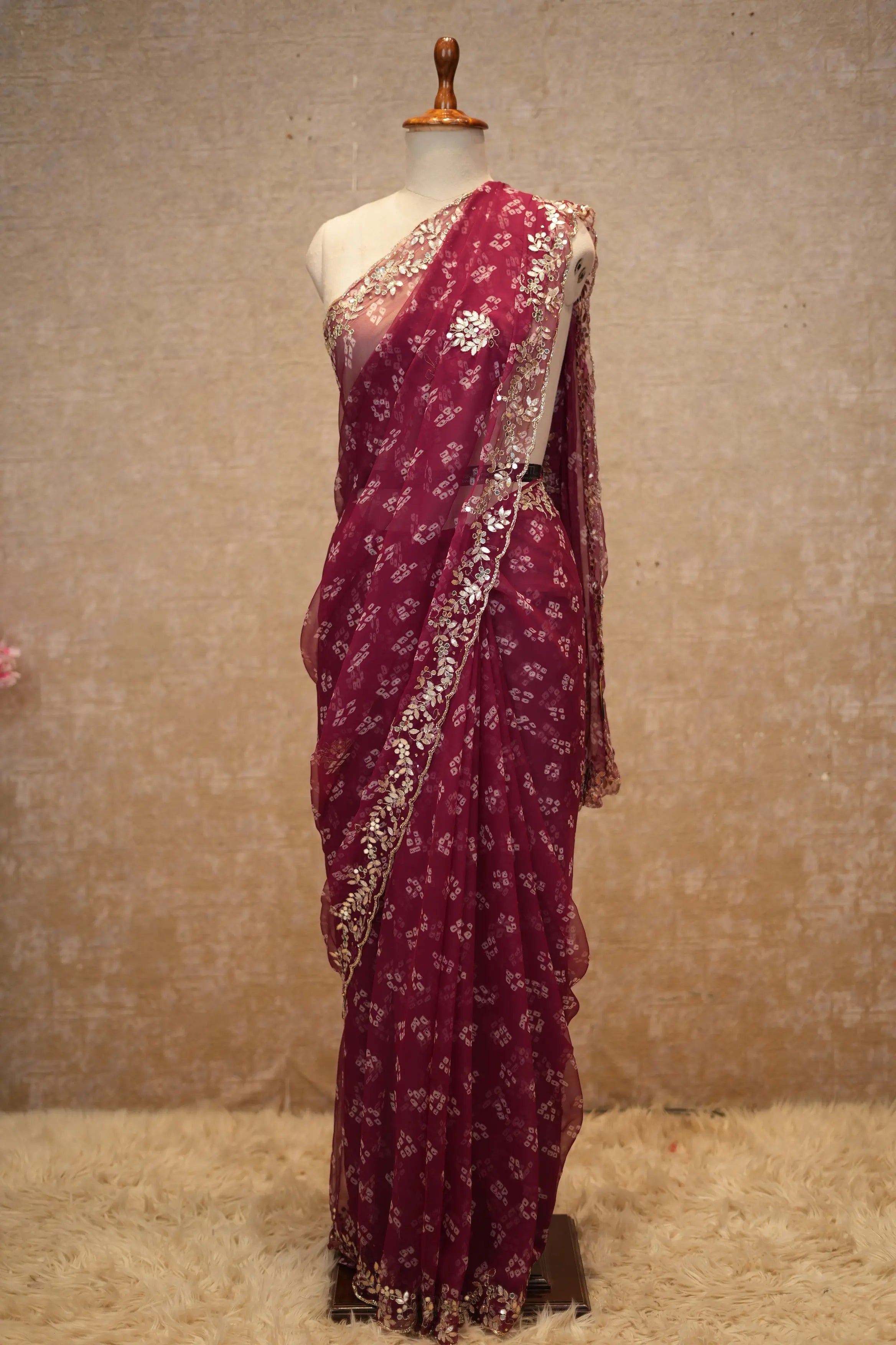 Diamond Chiffon Fabric Saree With Gota Patti & Mirror Work (With Blouse)