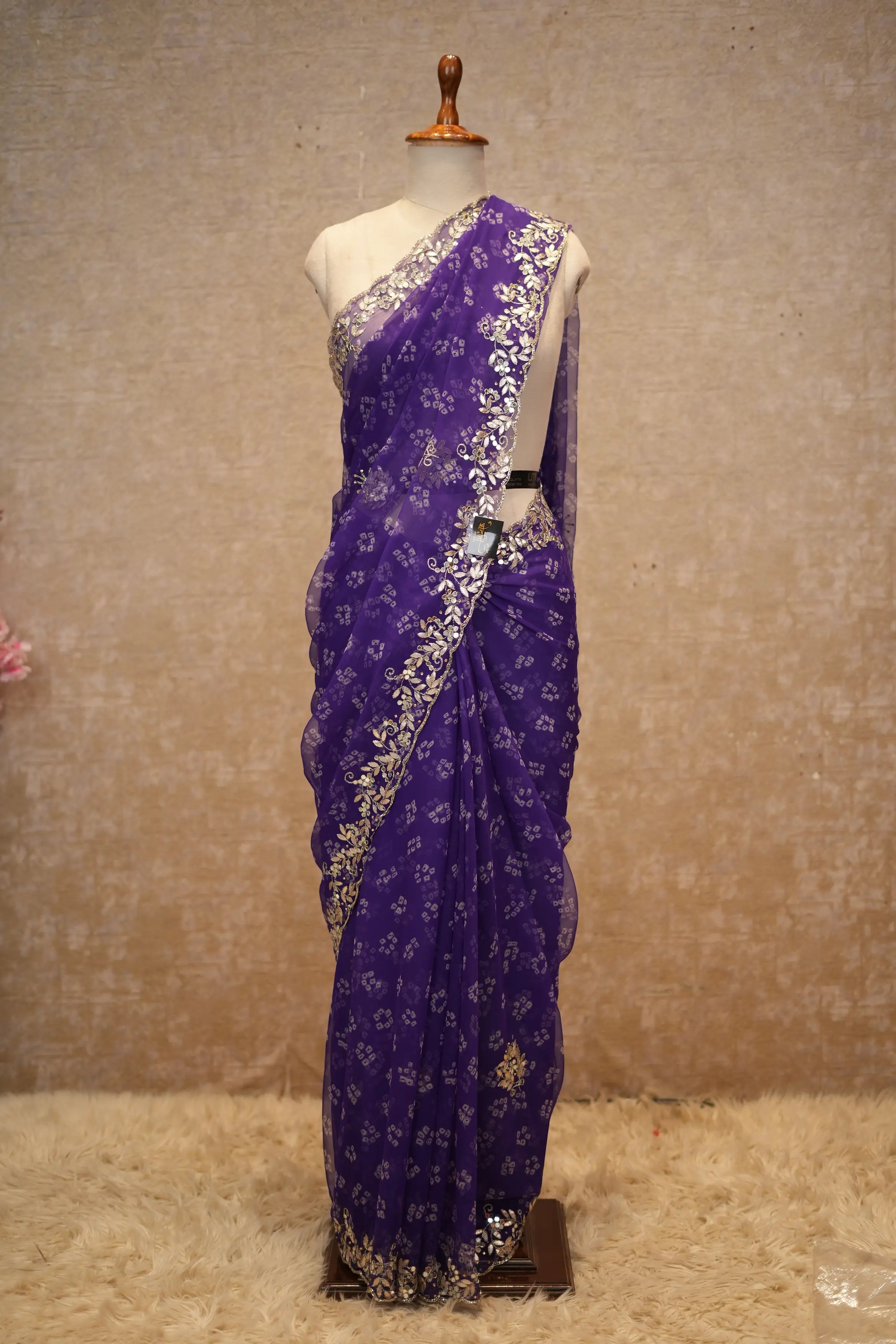 Diamond Chiffon Fabric Saree With Gota Patti & Mirror Work (With Blouse)