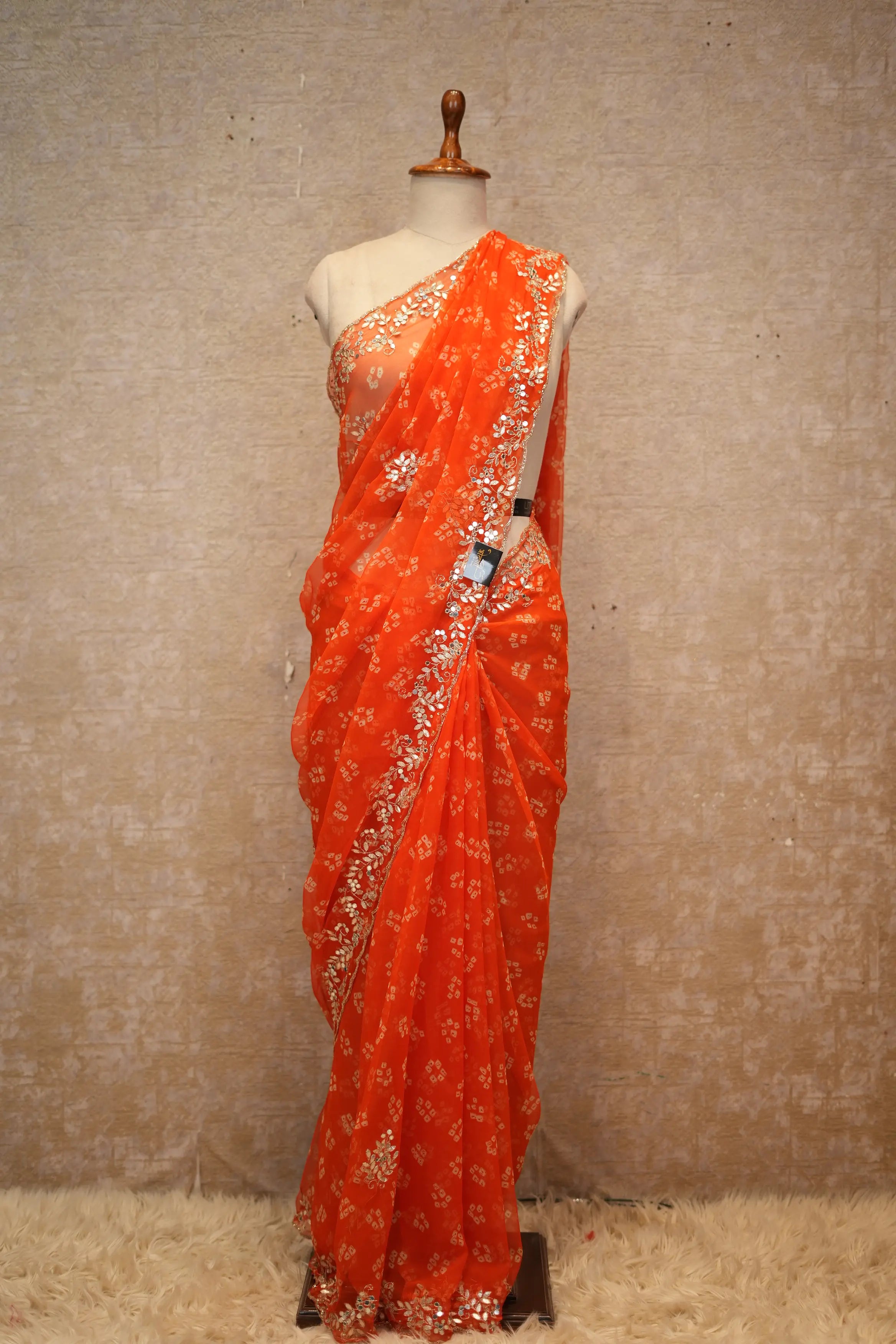 Diamond Chiffon Fabric Saree With Gota Patti & Mirror Work (With Blouse)